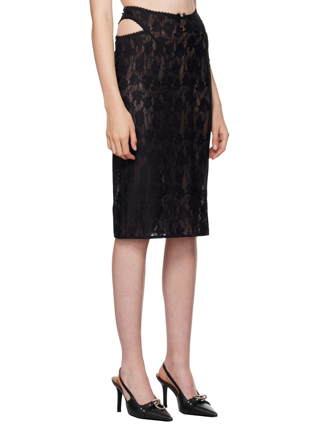 Black Lace Cut Out Midi Skirt - 2