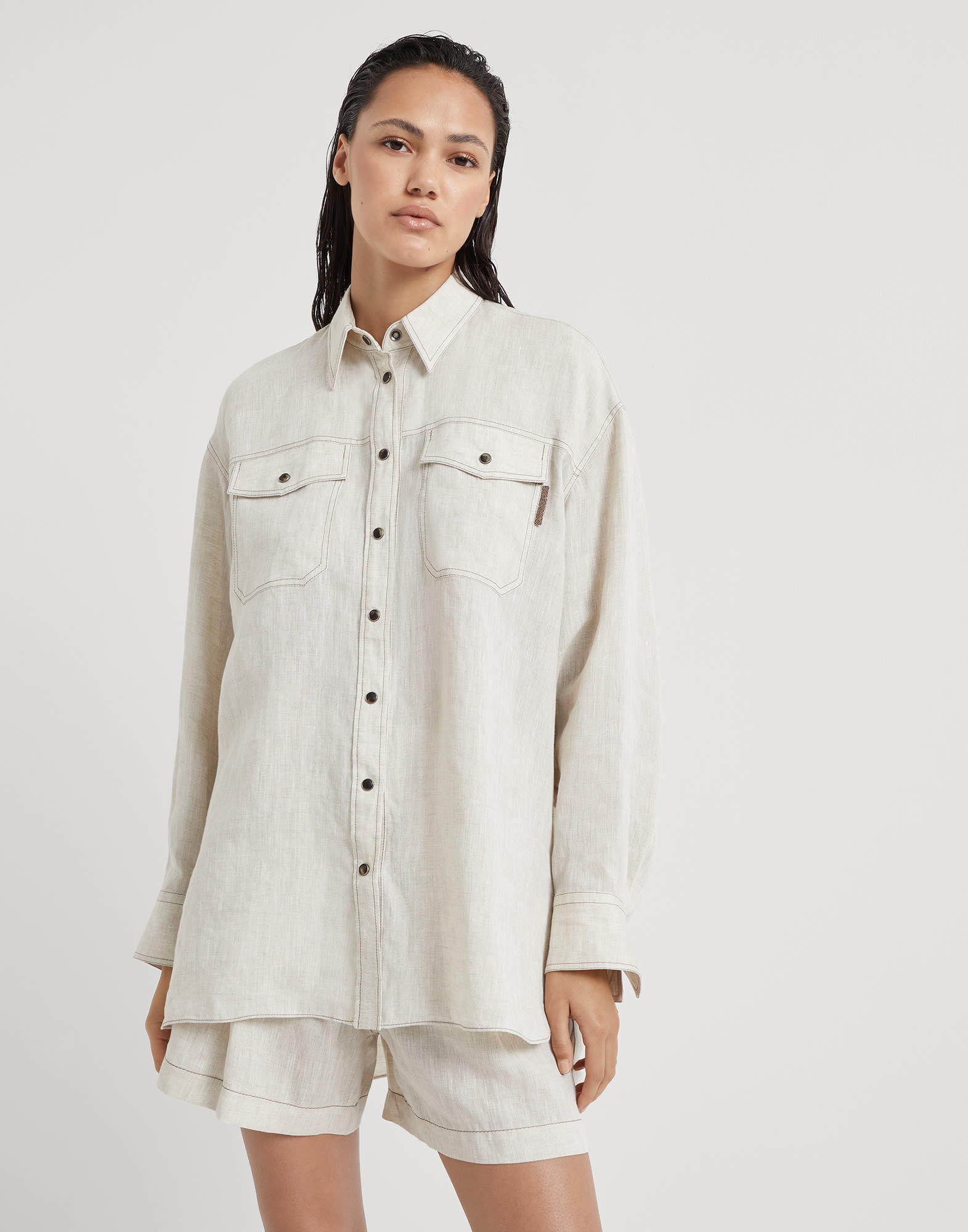 Lightweight linen shirt with snap buttons and shiny tab - 1