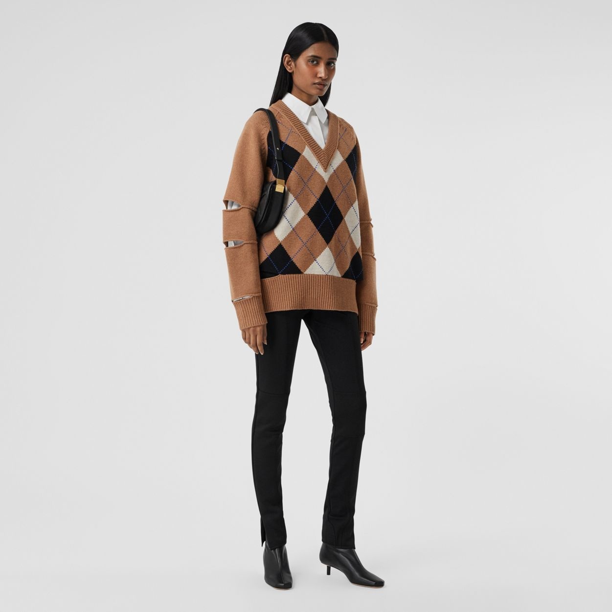 Cut-out Detail Argyle Intarsia Wool Cashmere Sweater - 2