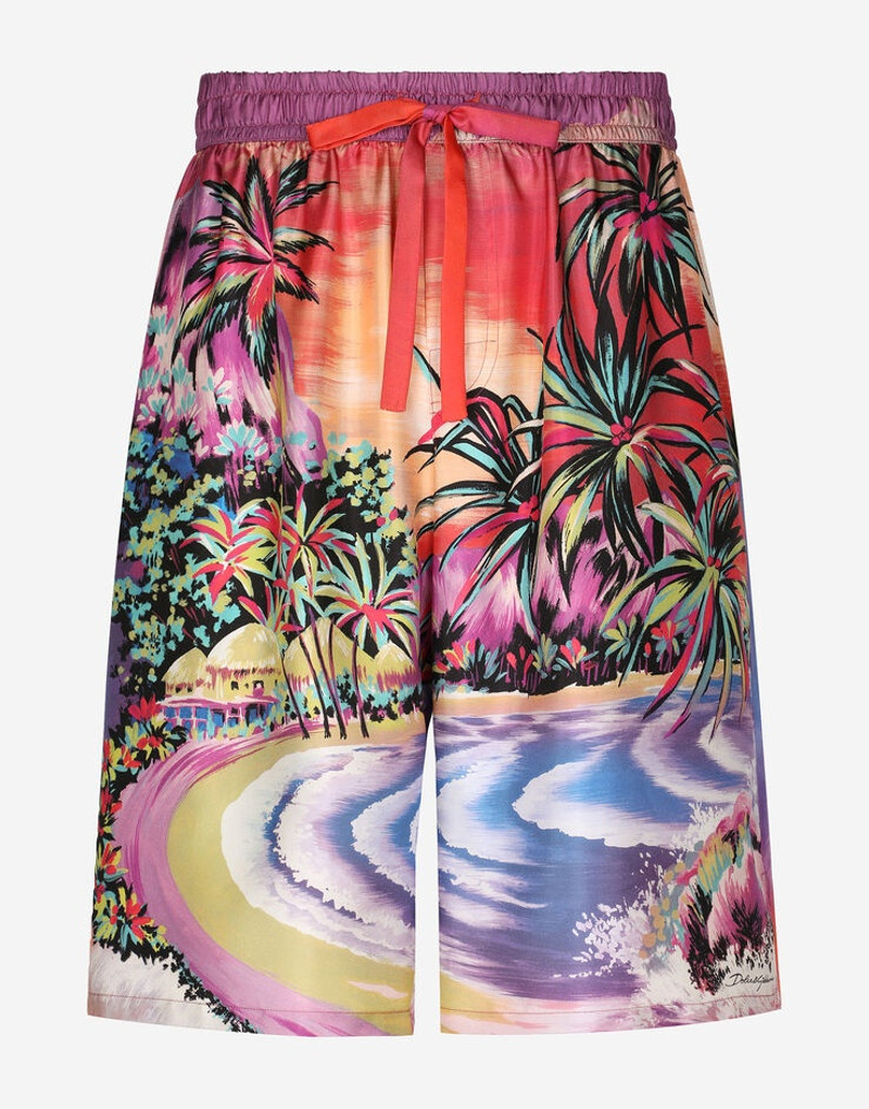 Silk twill jogging shorts with Hawaiian print - 1