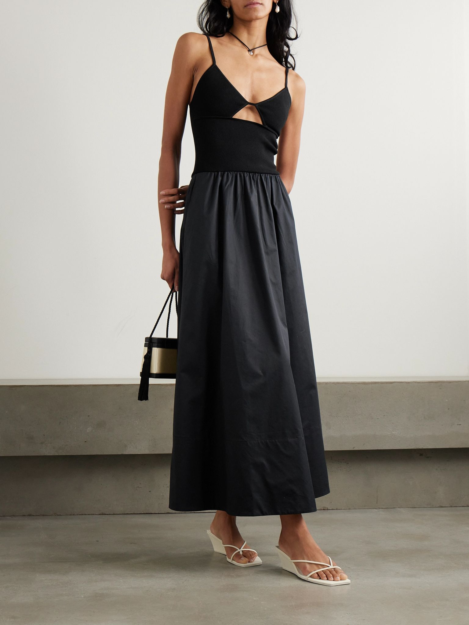 Cutout ribbed-knit and cotton-poplin maxi dress Black - 2
