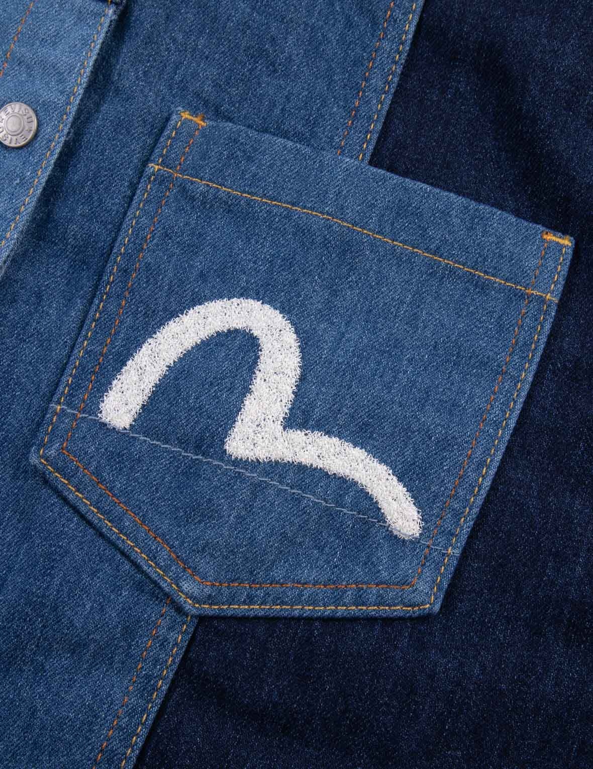 Patchwork with Seagull Embroidery Relax Fit Denim Shirt - 8