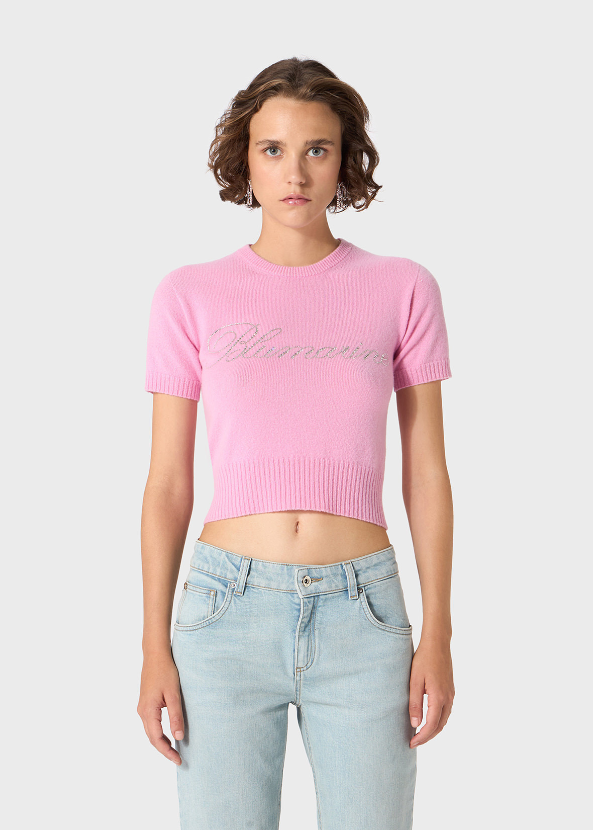 CASHMERE CROPPED SWEATER WITH BLUMARINE RHINESTONE LOGO - 3