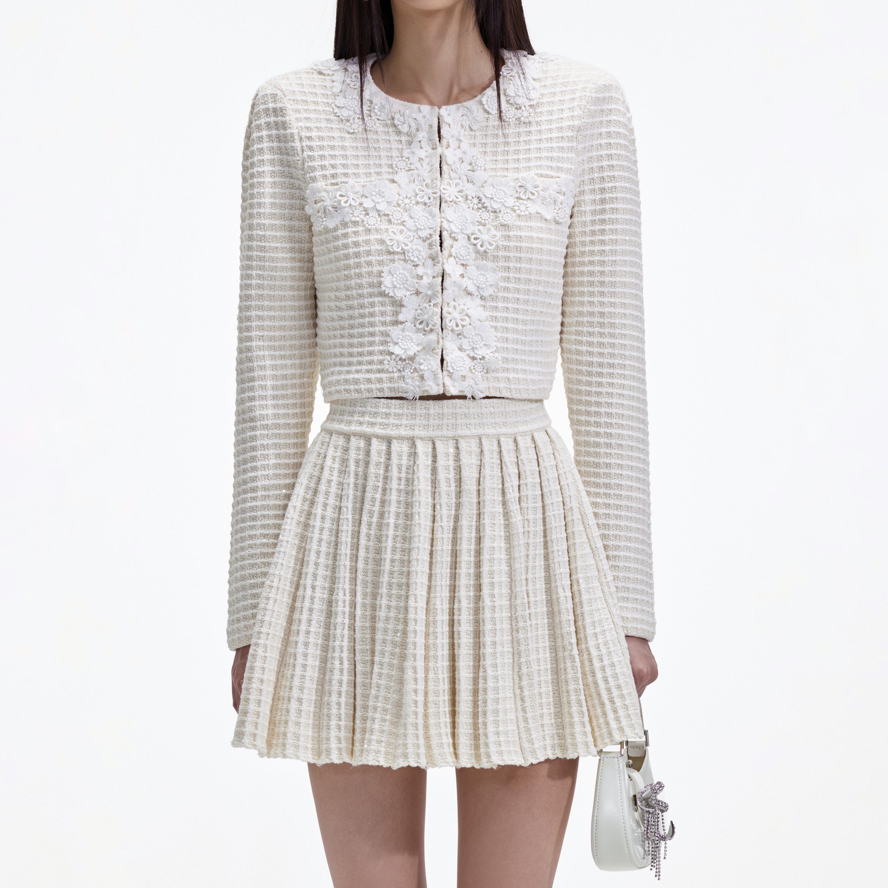 Cream Knit Floral Trim Cardigan - 4
