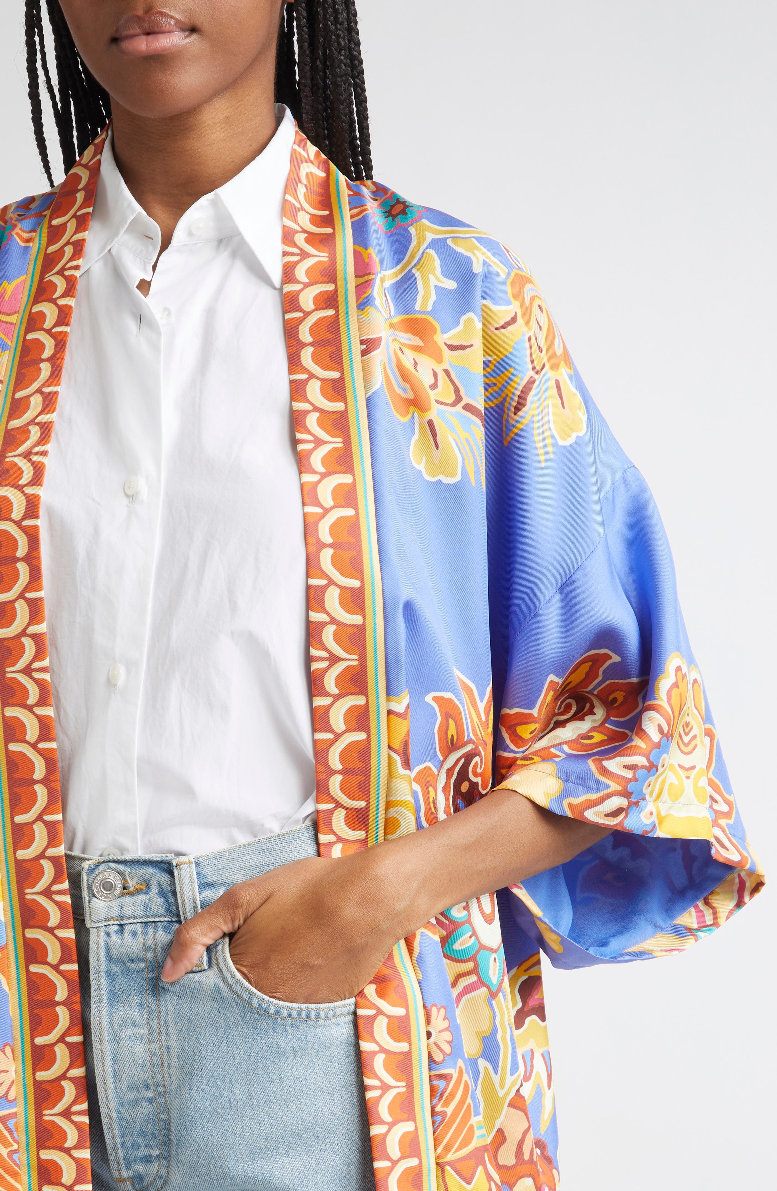Etro Paisley Print Open Front Silk Twill Jacket in Printed Azure Base at Nordstrom - 4