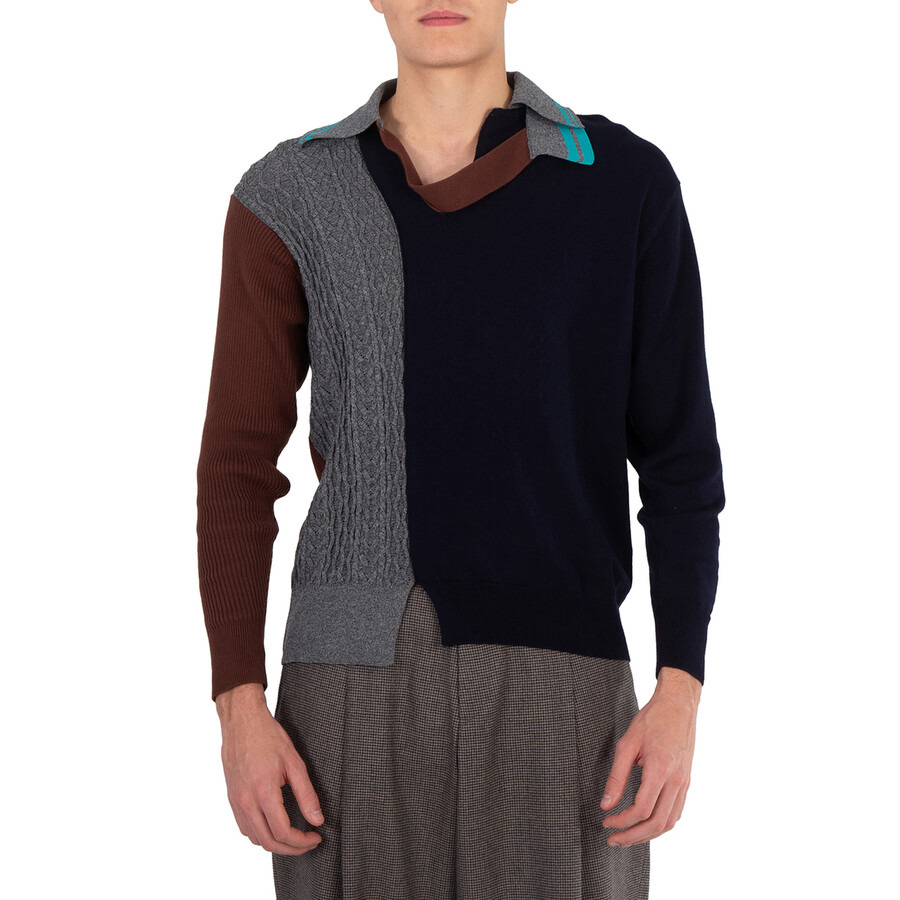 Kolor Men's Navy Patchwork Panelled-Knit Jumper - 2