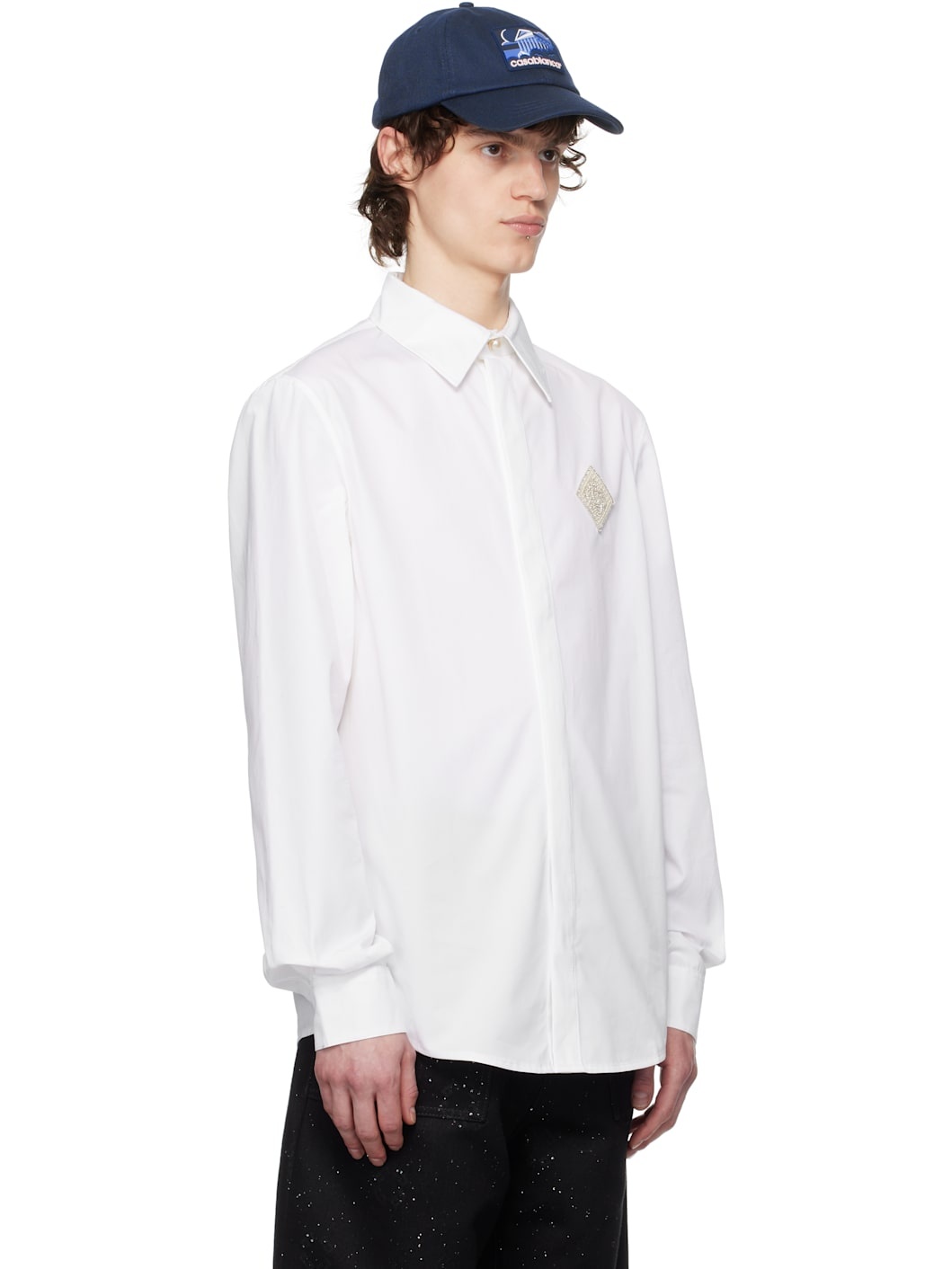 White Pearl Diamond Patch Cotton Shirt - 2