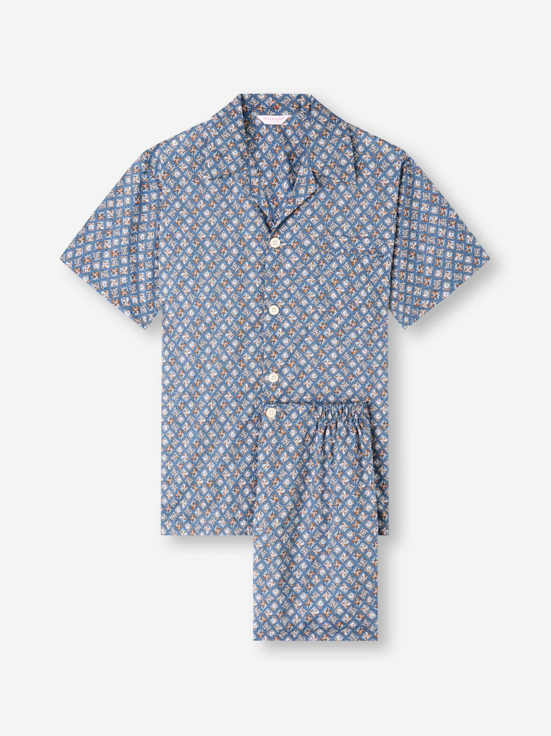 Derek Rose Men's Short Pajamas Cotton Batiste Blue Multicolor Diamond Print outlook