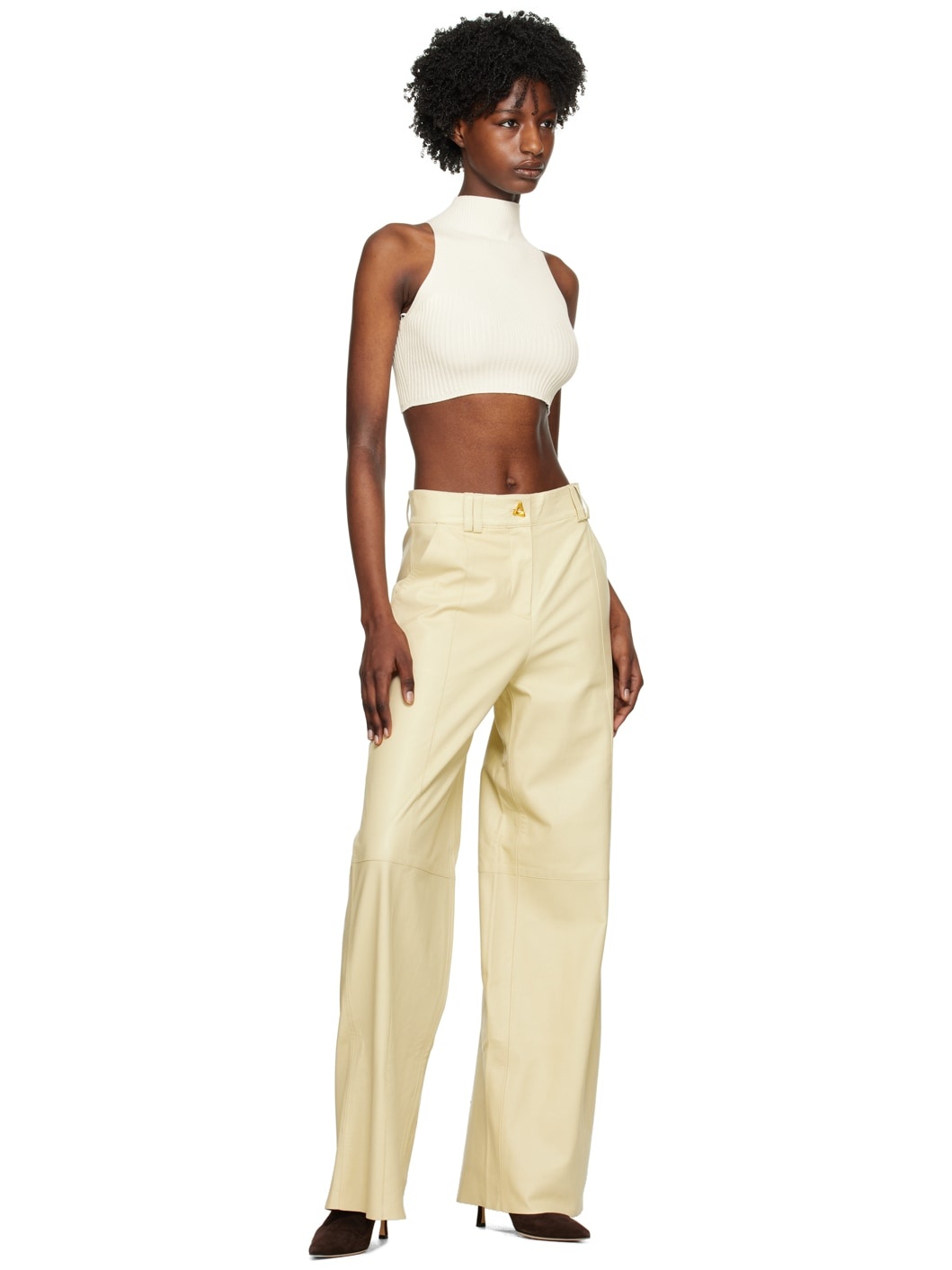 Beige Bouquet Leather Pants - 4