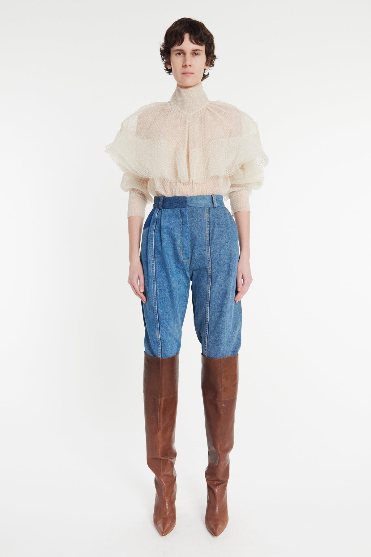 DOUBLE LAYERED TULLE TOP WITH CHEST FRILL DETAIL IVORY - 6