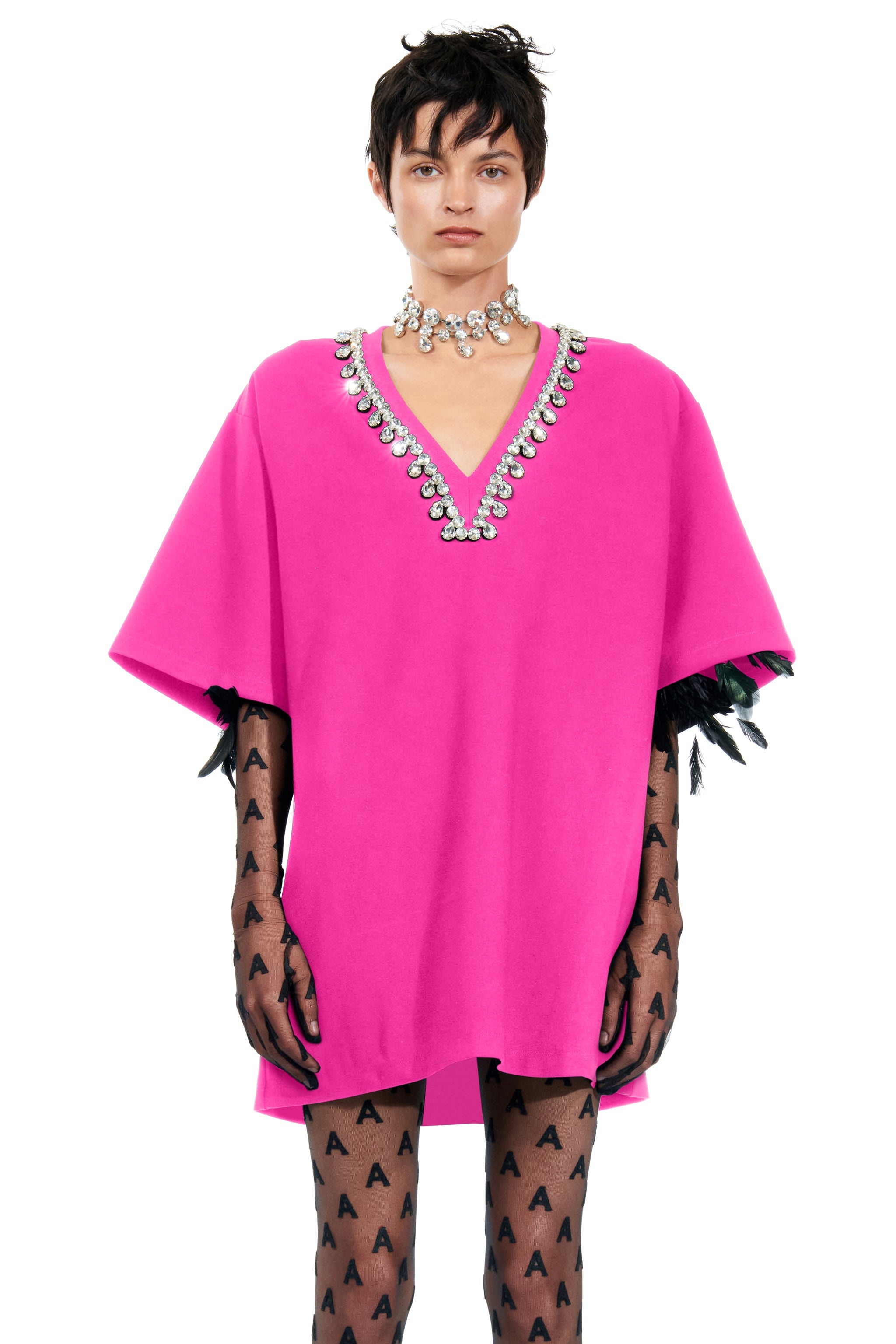 V-NECK CRYSTAL T-SHIRT DRESS - 1