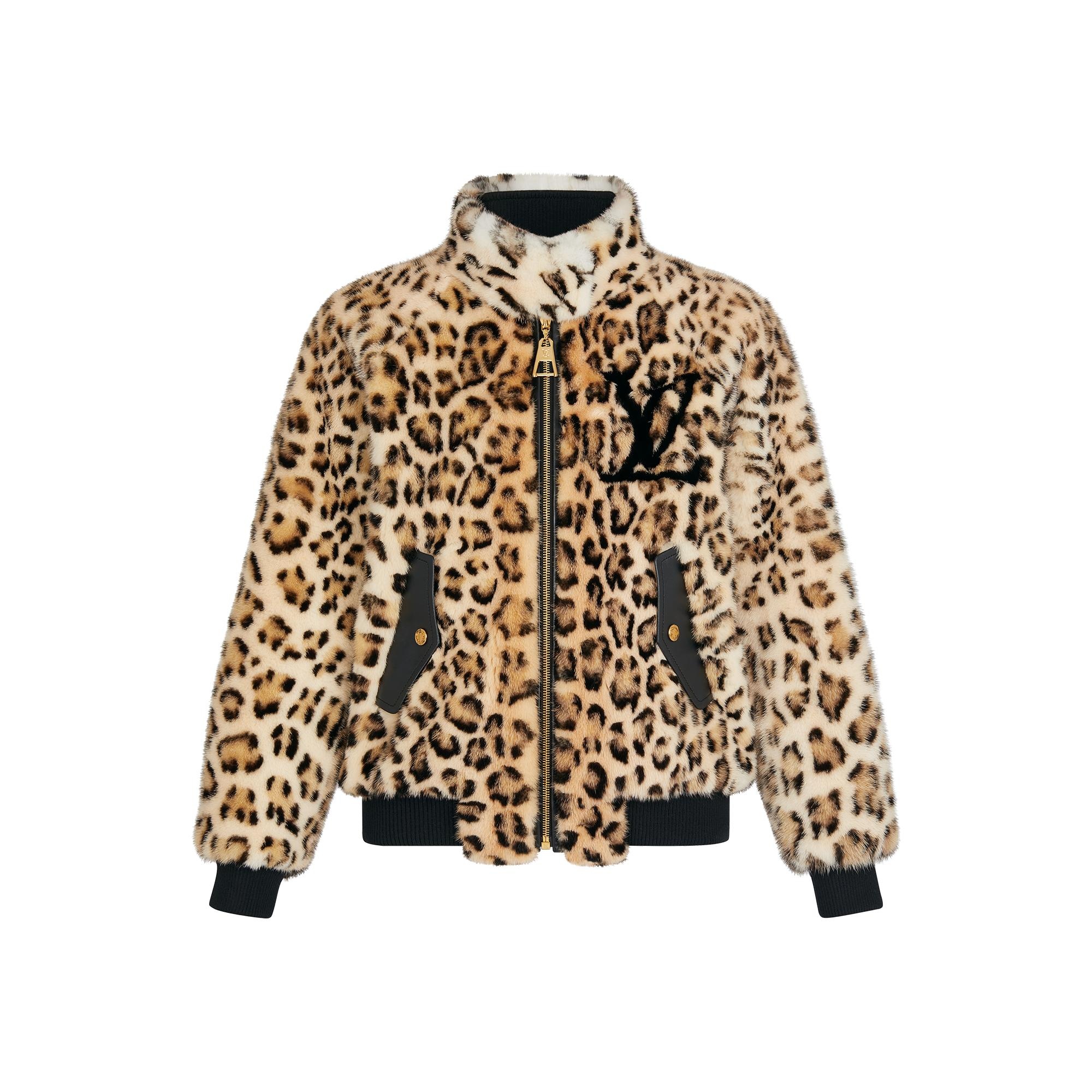 Leopard-Printed Mink Bomber Jacket with LV Initials  - 1