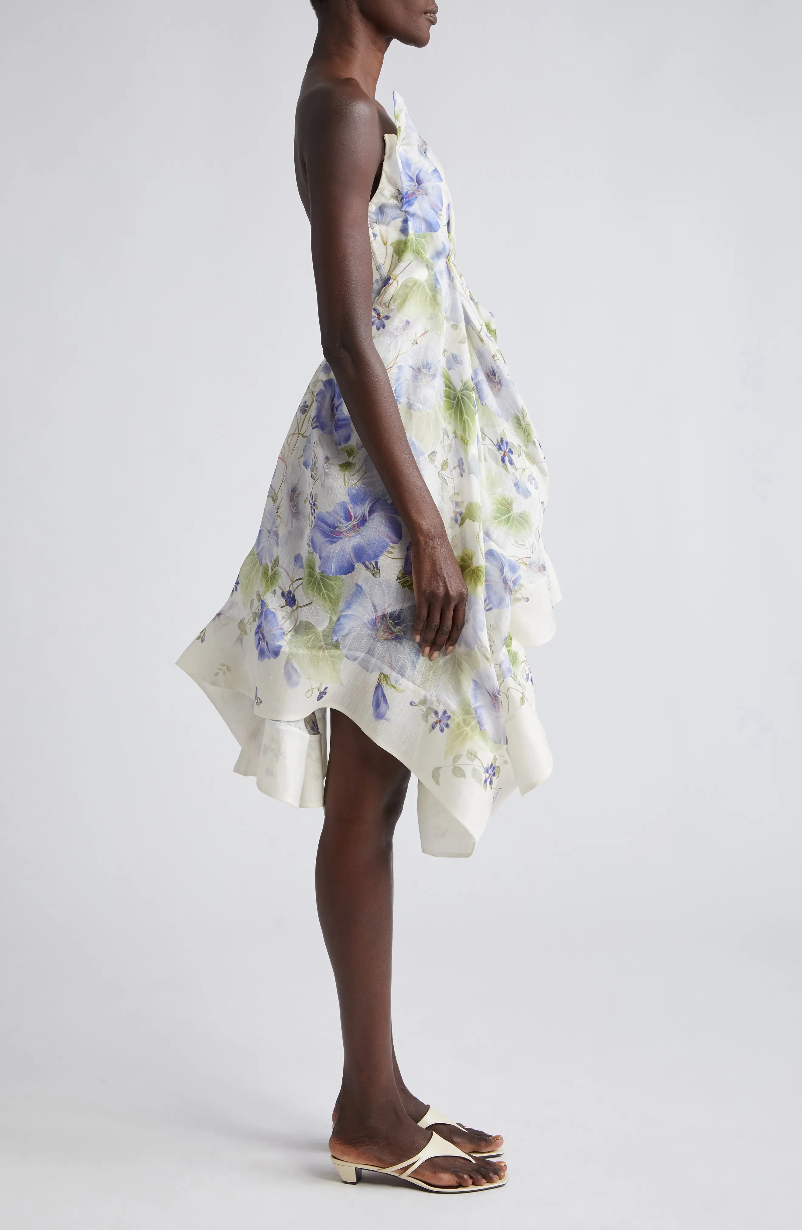 Natura Floral Asymmetric Strapless Linen & Silk Dress in Cream/Blue Floral - 3