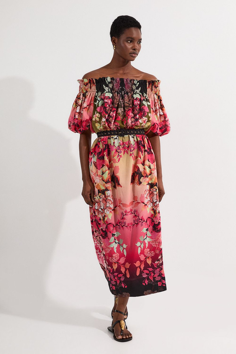 Voile Mirrored Floral Woven Bardot Midi Dress 1