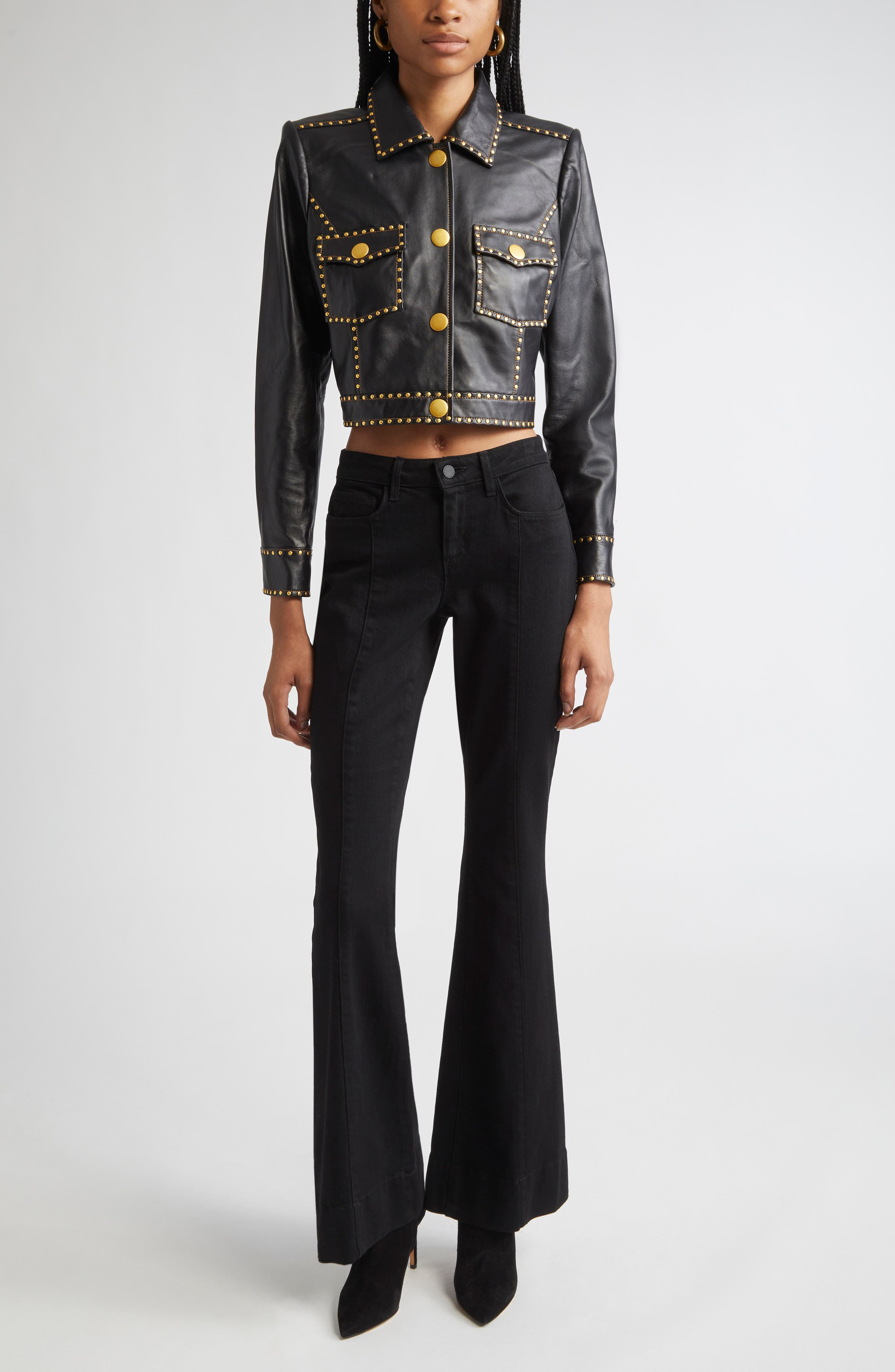 L'AGENCE Winsome Studded Crop Leather Jacket in Black at Nordstrom - 2