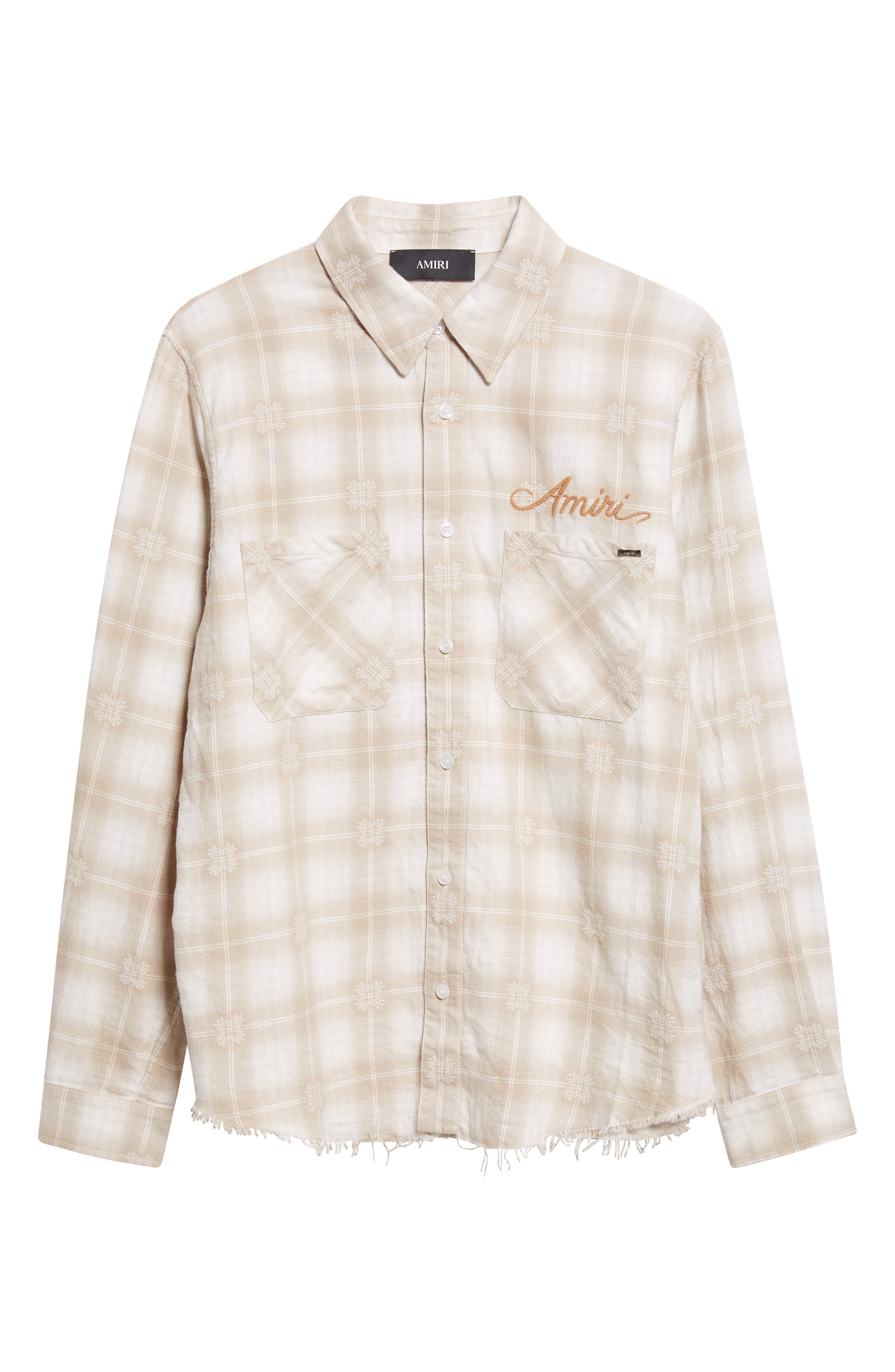 AMIRI Bleach Bandana Patch Flannel Button-Up Shirt in Light Camel at Nordstrom - 5