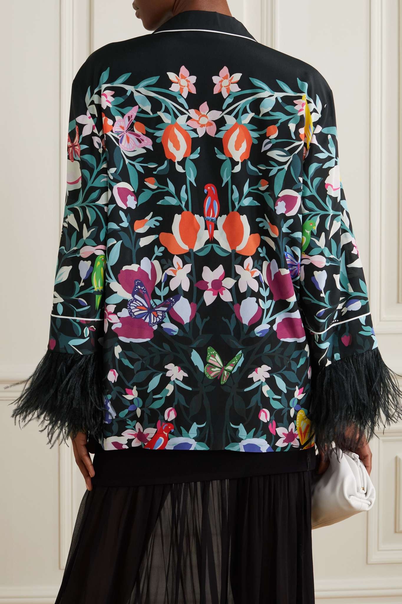 Feather-trimmed printed silk crepe de chine shirt - 4