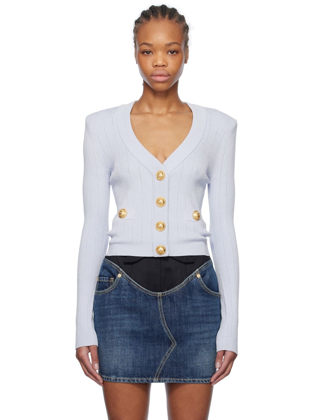 Blue Cropped Knit Cardigan - 1