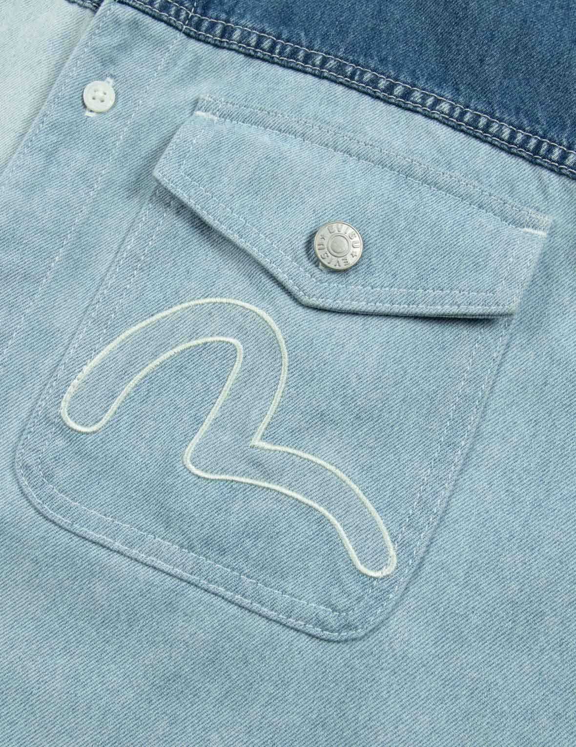 KAMON APPLIQUÉ FABRIC BLOCKING DENIM SHIRT - 8