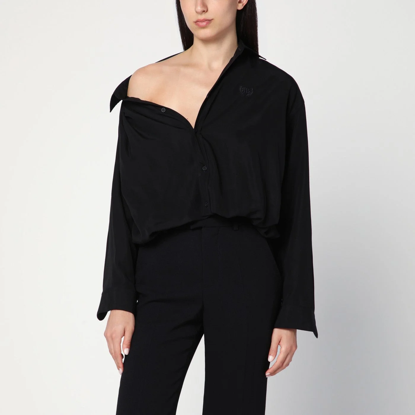 One-shoulder black shirt in poplin - 1