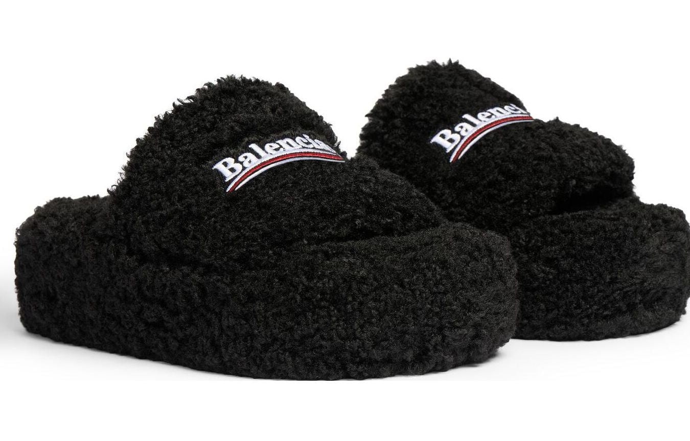 (WMNS) Balenciaga Furry Platform Sandals 'Black Fake Shearling White and Red Political Campaign Embr - 4
