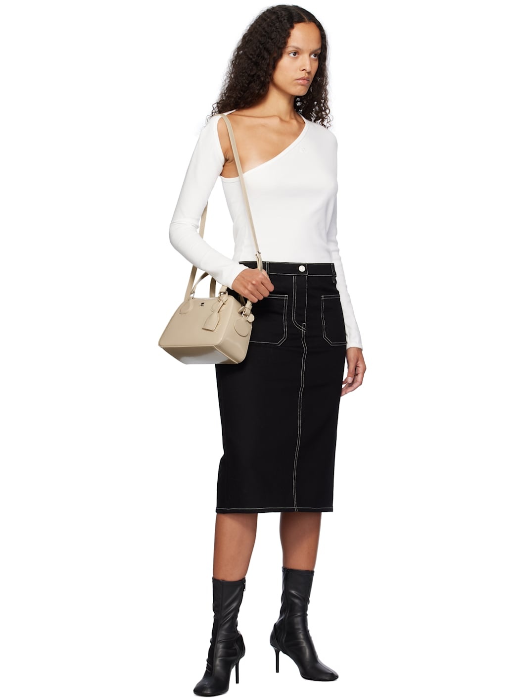 Black 2-Pocket Topstitched Denim Midi Skirt - 4