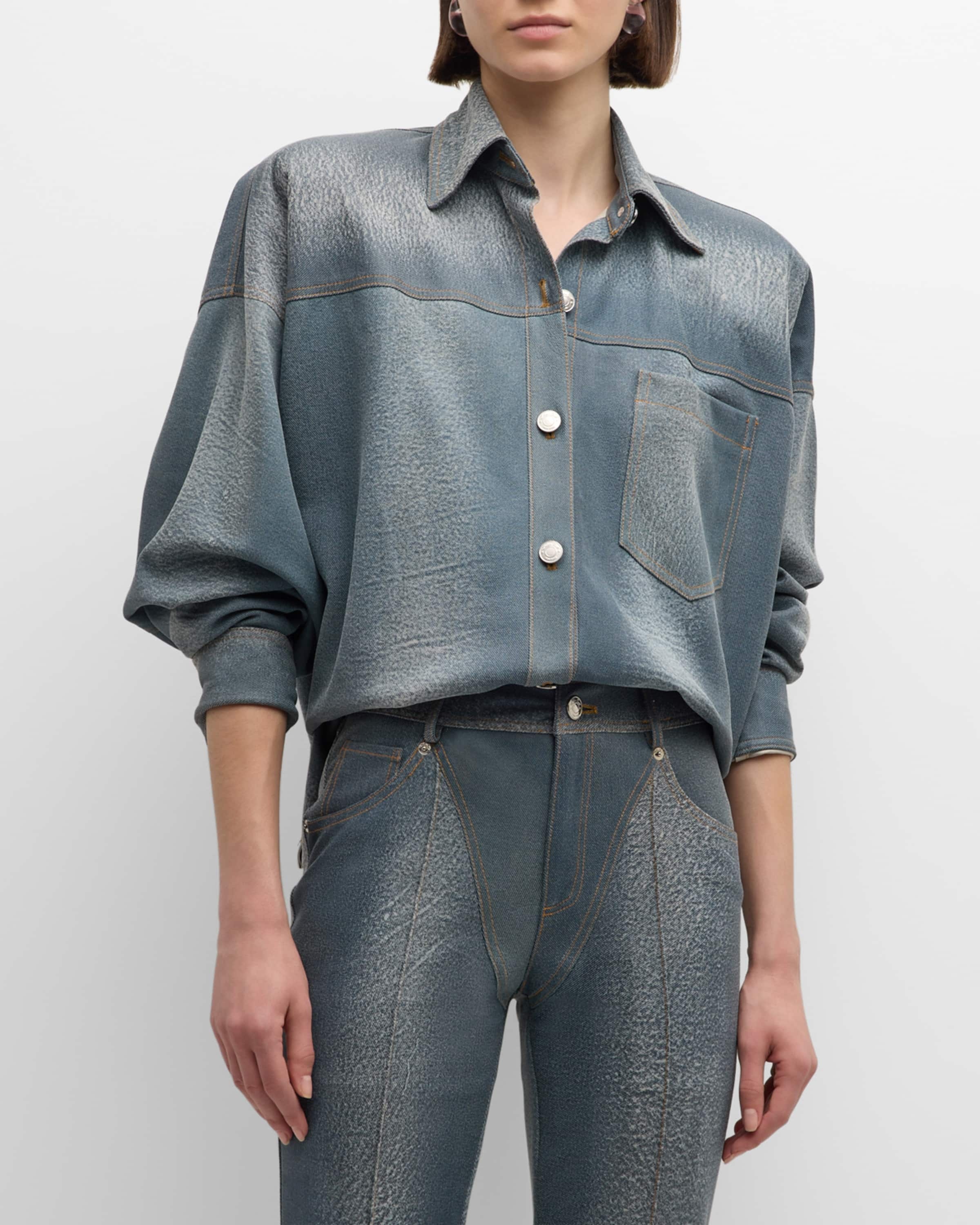 Denim-Printed Leather Oversized Button-Down Shirt - 2