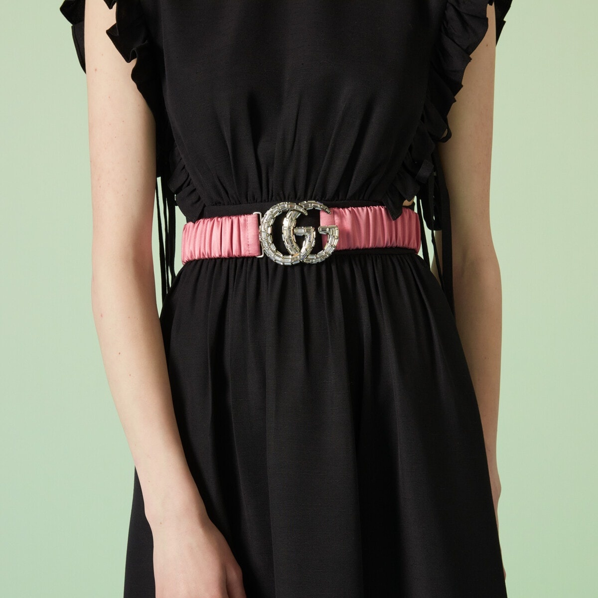 Marmont Wide Crystal Embellished Satin Belt in Black - Gucci