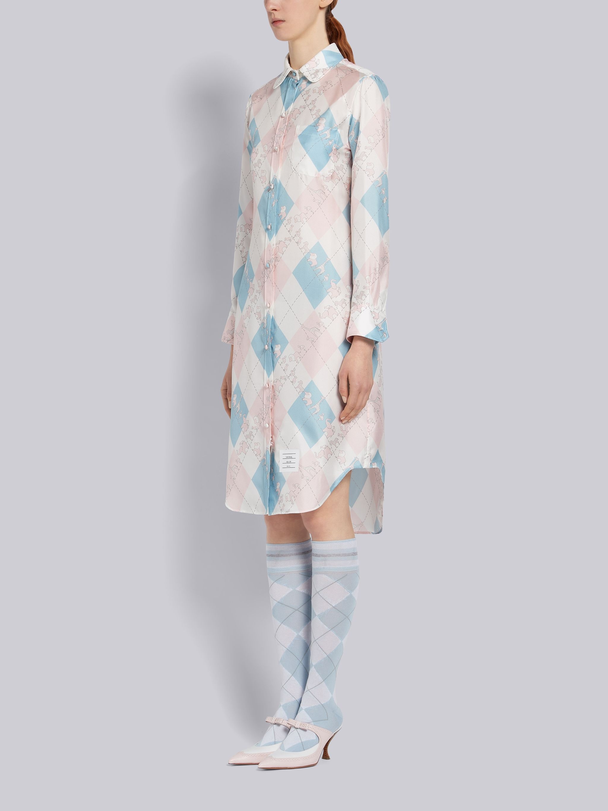 Light Blue and Pink Silk Argyle Print Animal Icon Round Collar Classic Long Sleeve Shirtdress - 2