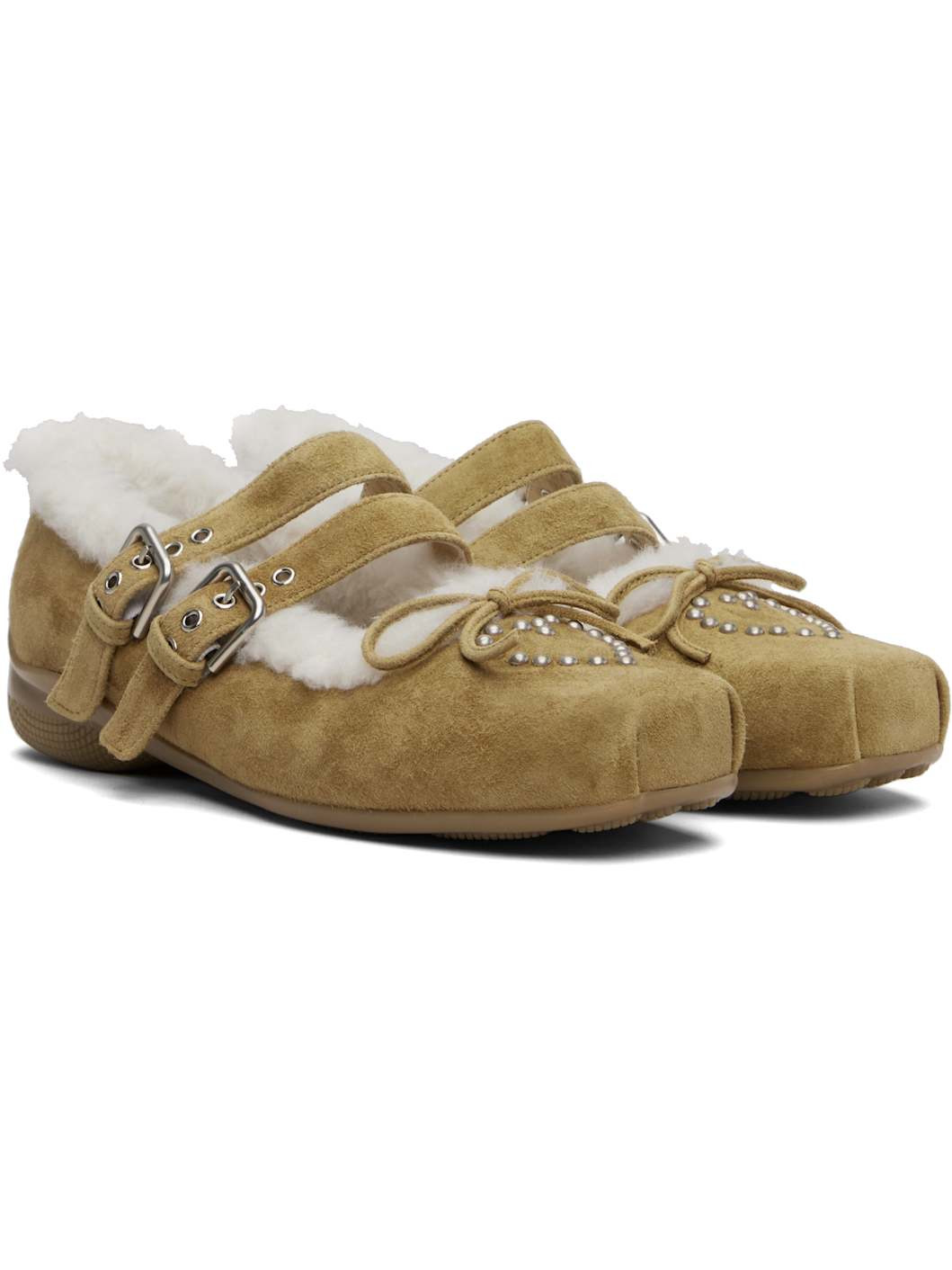 Tan Shearling Heart Stud Ballet Flats - 4