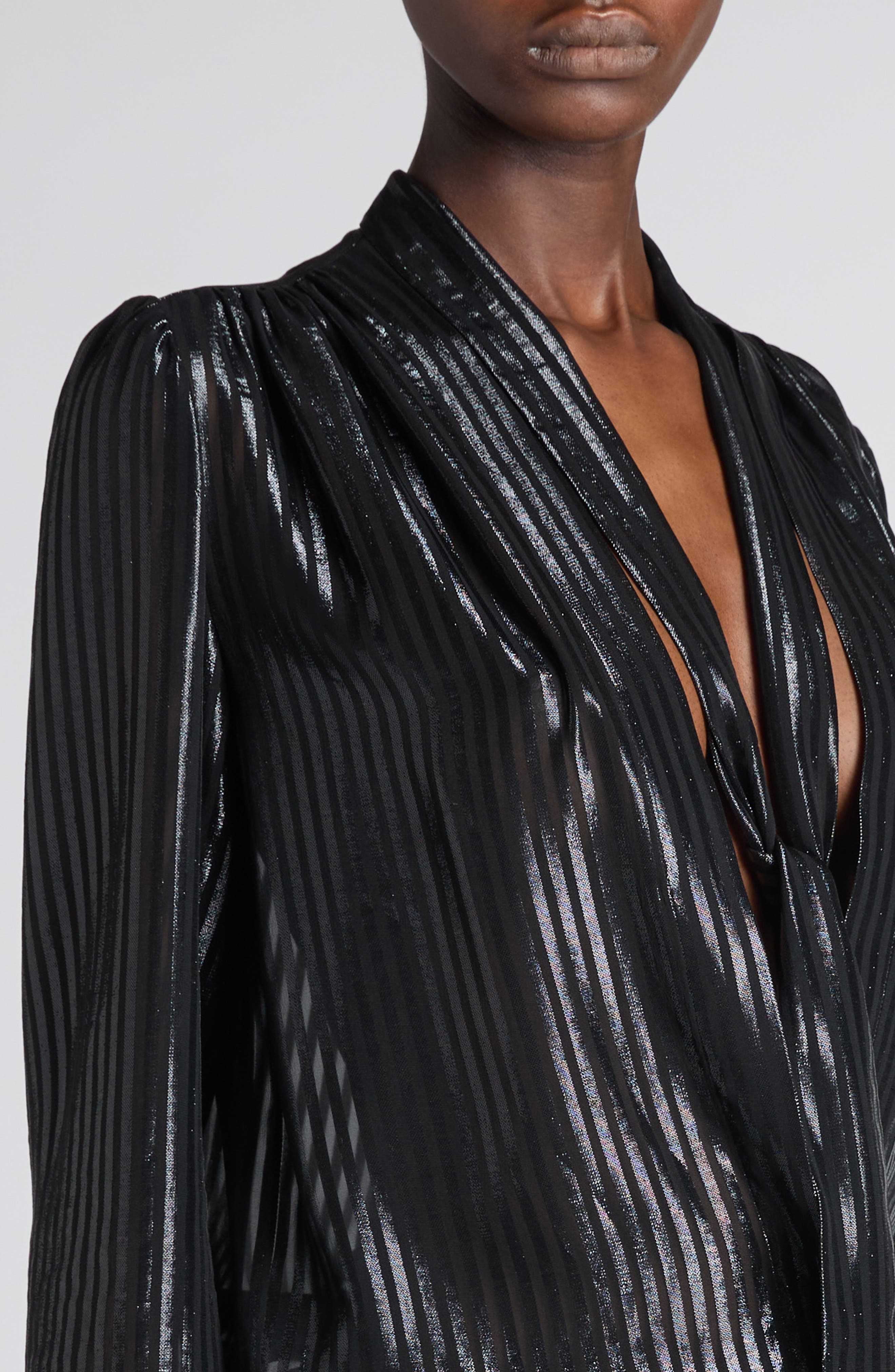 TOM FORD Stripe Tie Neck Silk Blend Top in Black at Nordstrom - 5