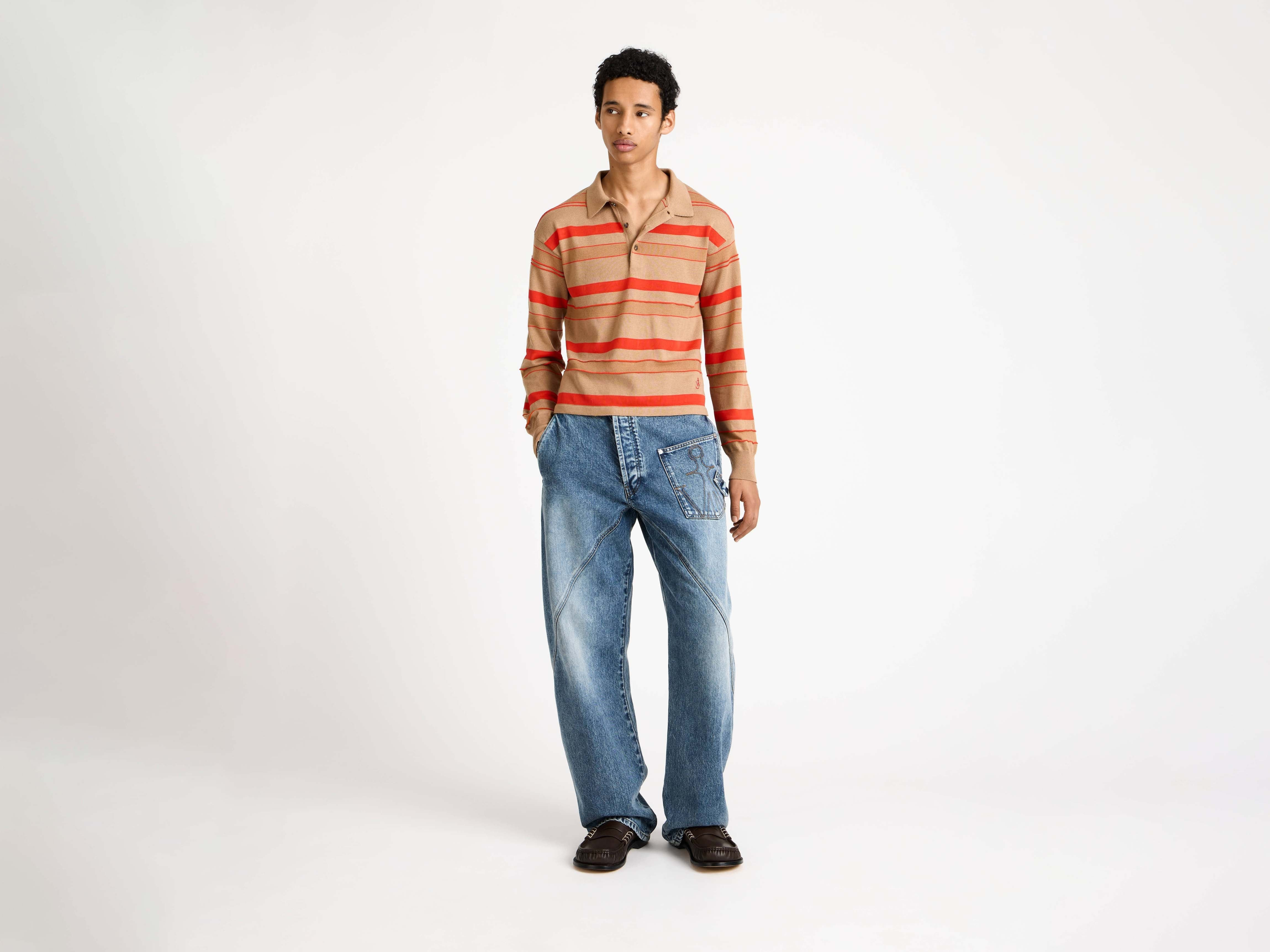 KNITTED STRIPED RUGBY POLO TOP IN BISCUIT - 2