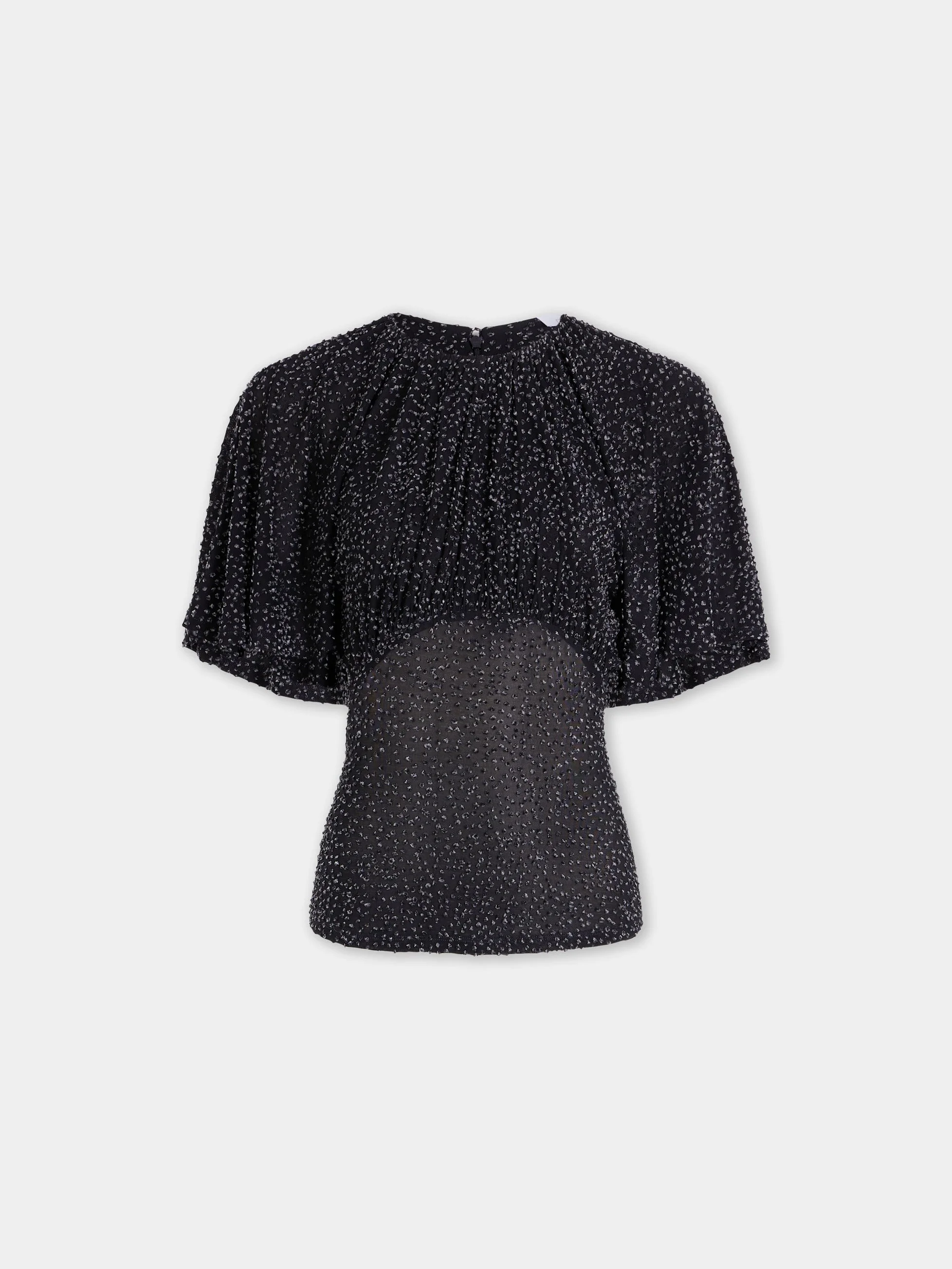 TEXTURED ASYMMETRICAL BLACK TOP WITH RUCHED DETAILS - 1