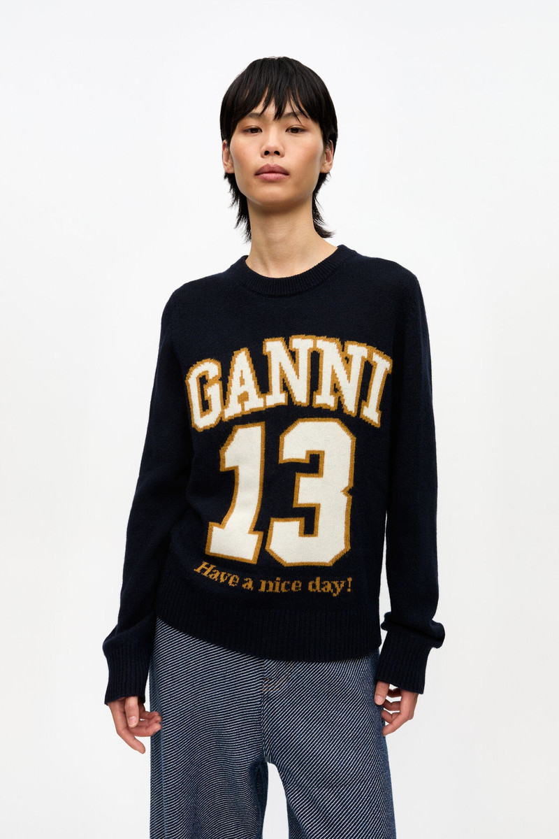 GANNI DARK BLUE GRAPHIC WOOL MIX BASEBALL SWEATER outlook