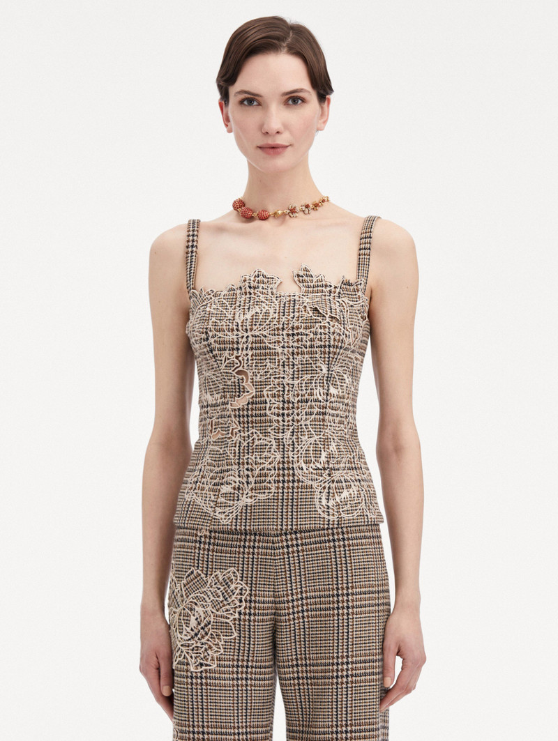 Oscar de la Renta PEONY GUIPURE APPLIQUÉ PLAID TANK outlook