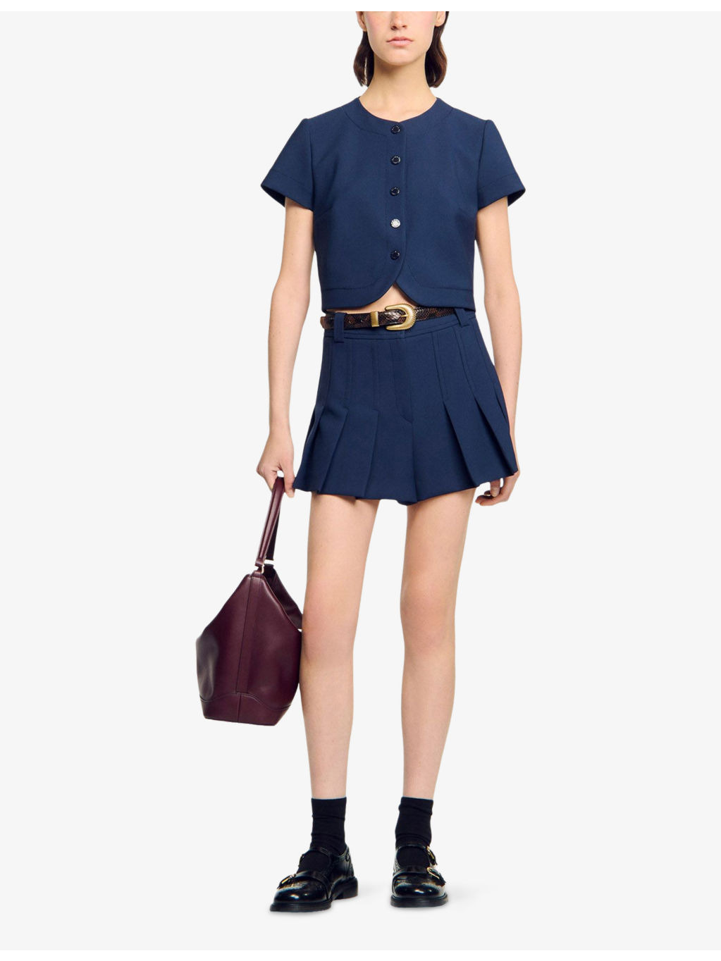 Round-Neck Button-Down Stretch-Woven Crop Top - 2