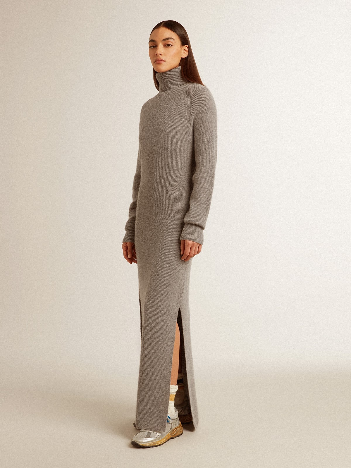 Gray melange ribbed woolen dress with high neck - 3