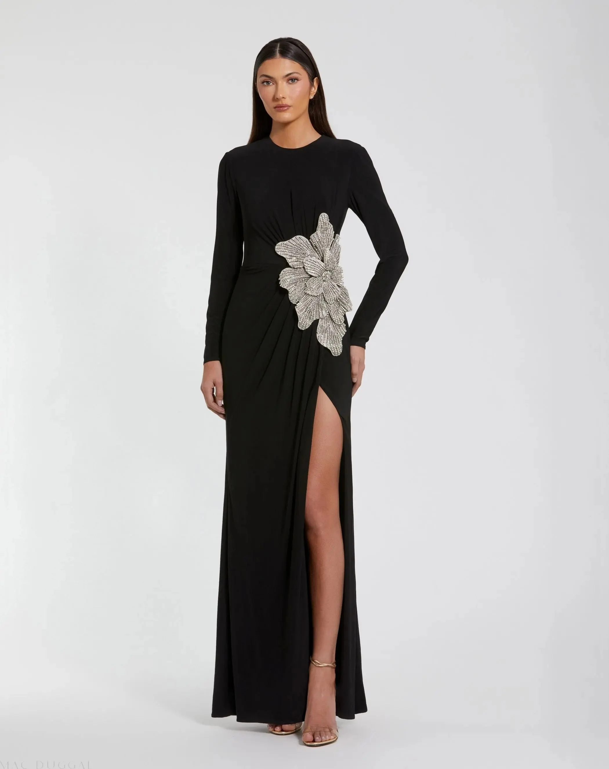 Black Long Sleeve Jersey Gown With Embellished Flower - 1