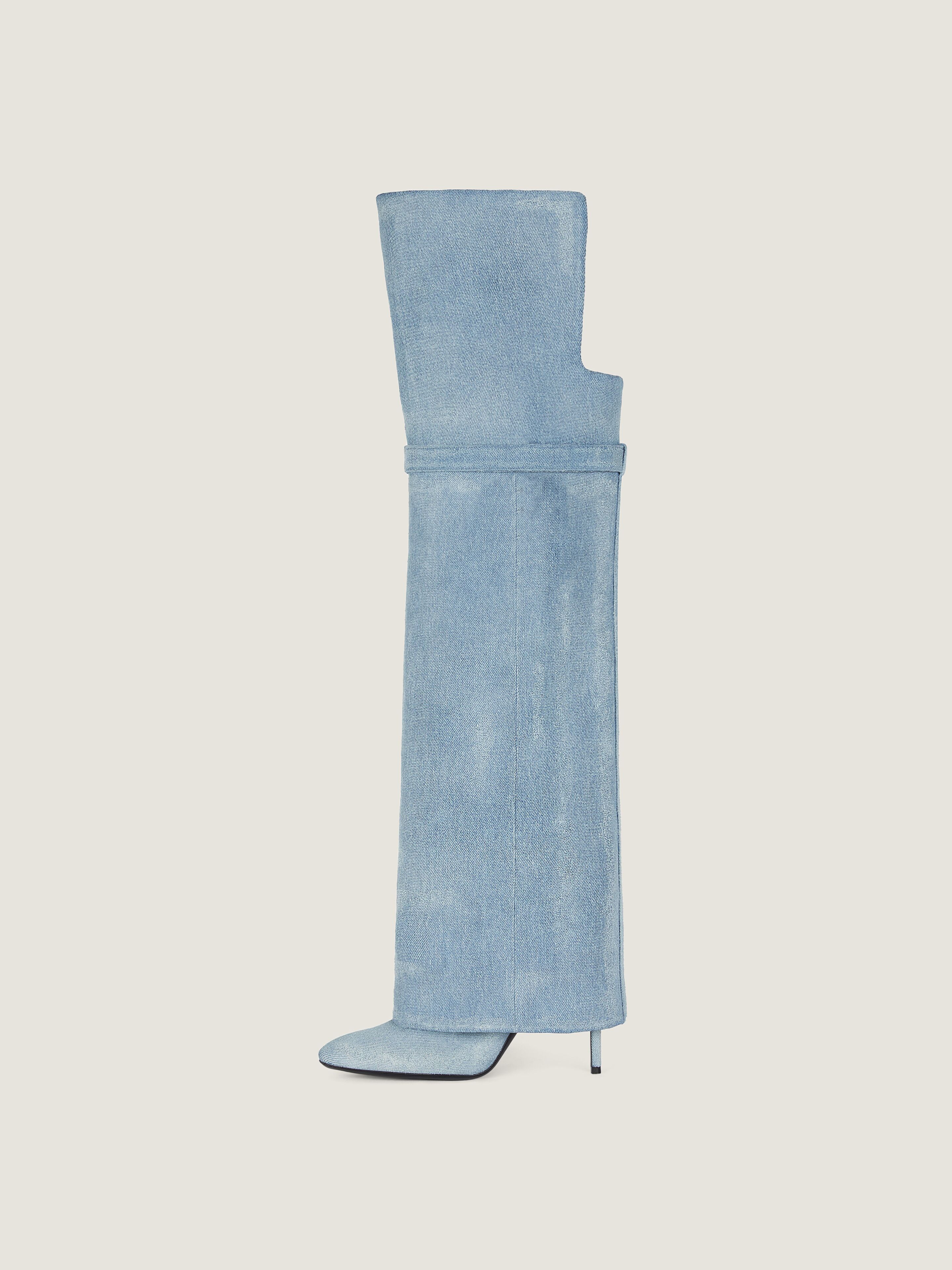 SHARK LOCK STILETTO OVER-THE-KNEE BOOTS IN WASHED DENIM - 4