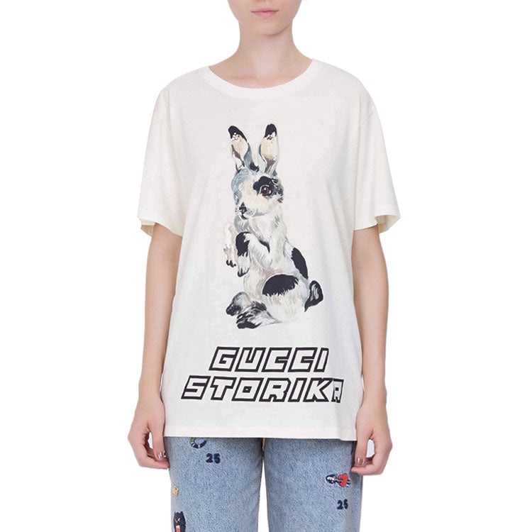 (WMNS) Gucci Bunny Pattern Crewneck Short Sleeve For White 492347-X3M80-7550 - 2