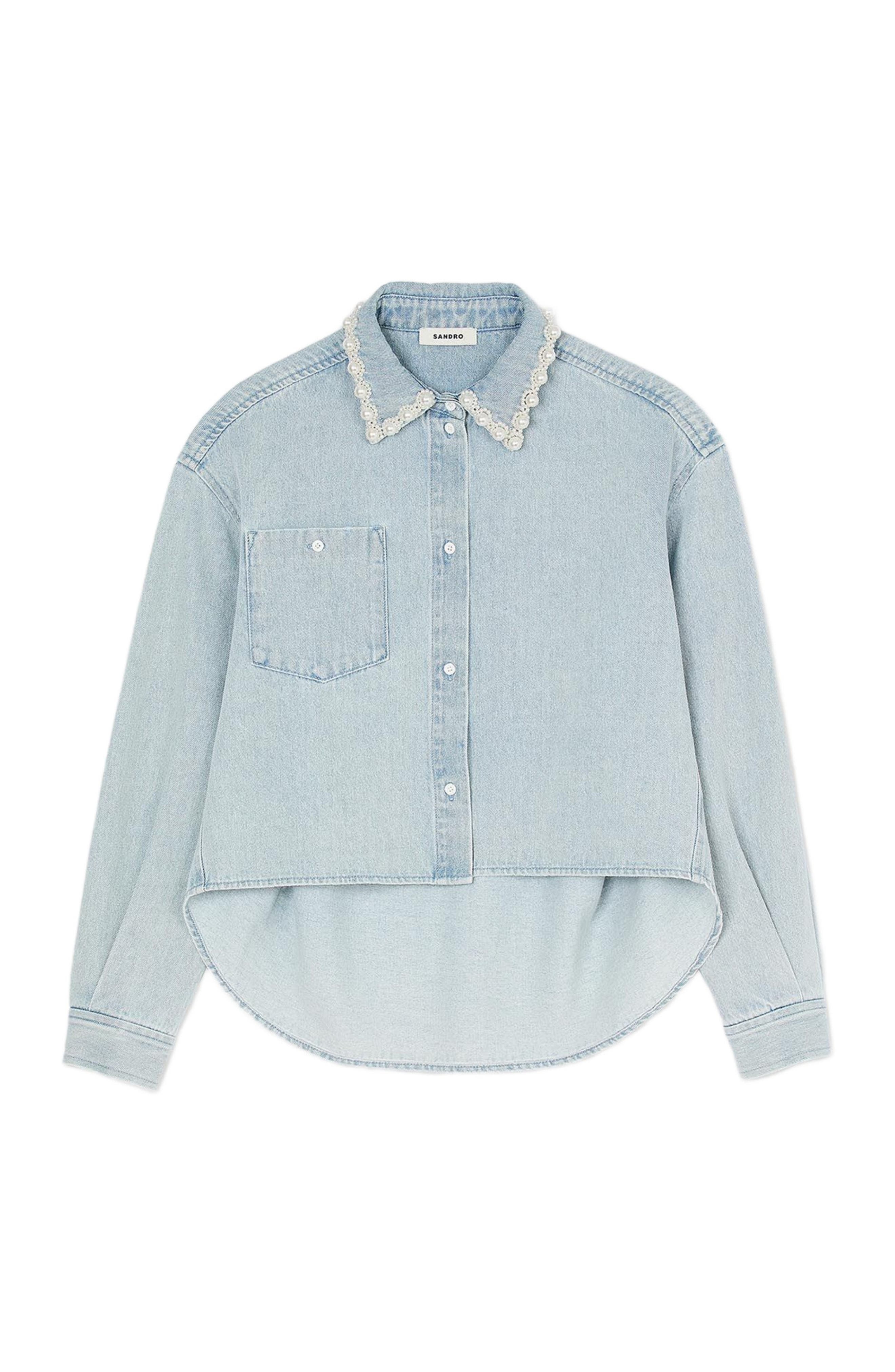 SANDRO Denim shirt with beaded collar in Light Bu Jean at Nordstrom - 5