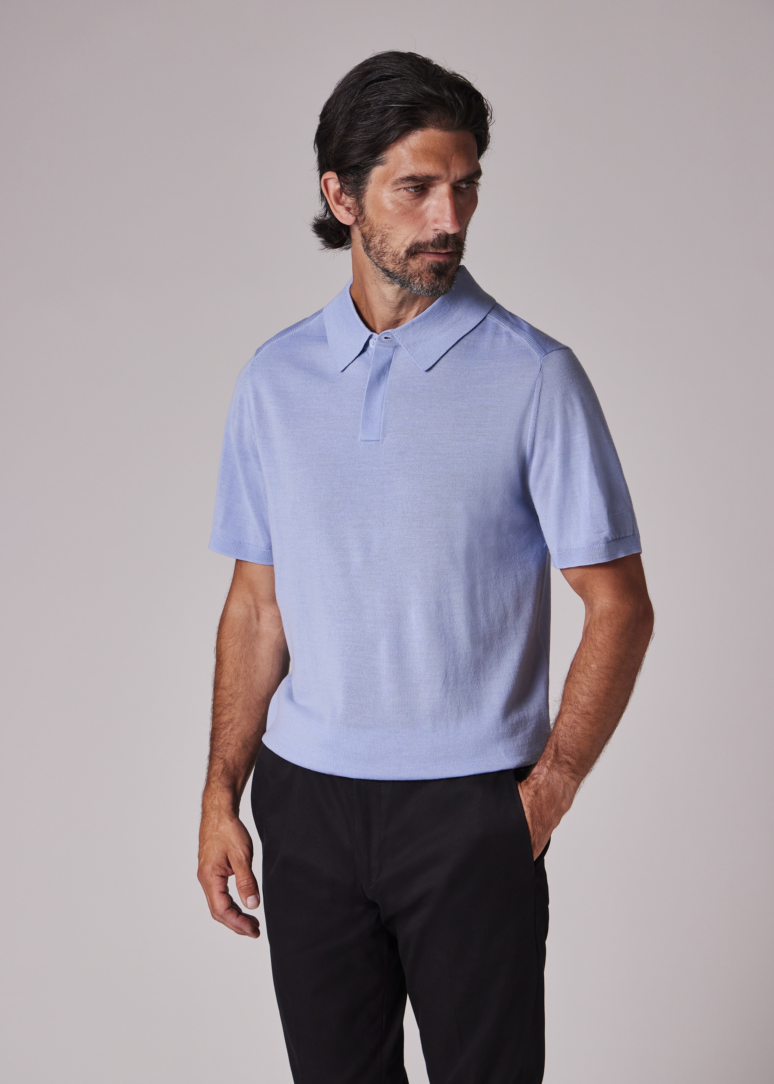 Light Blue Merino Wool Short Sleeve Polo Shirt - 4