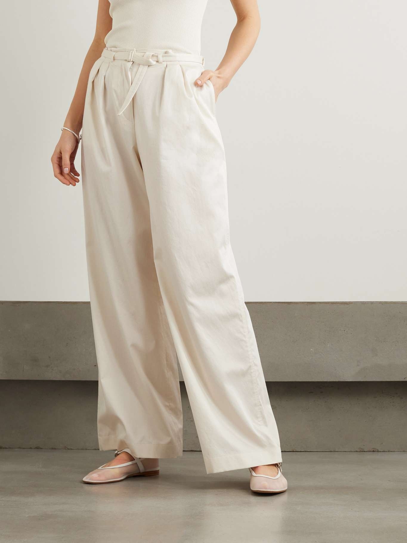 Tunis belted pleated cotton-sateen wide-leg pants - 3