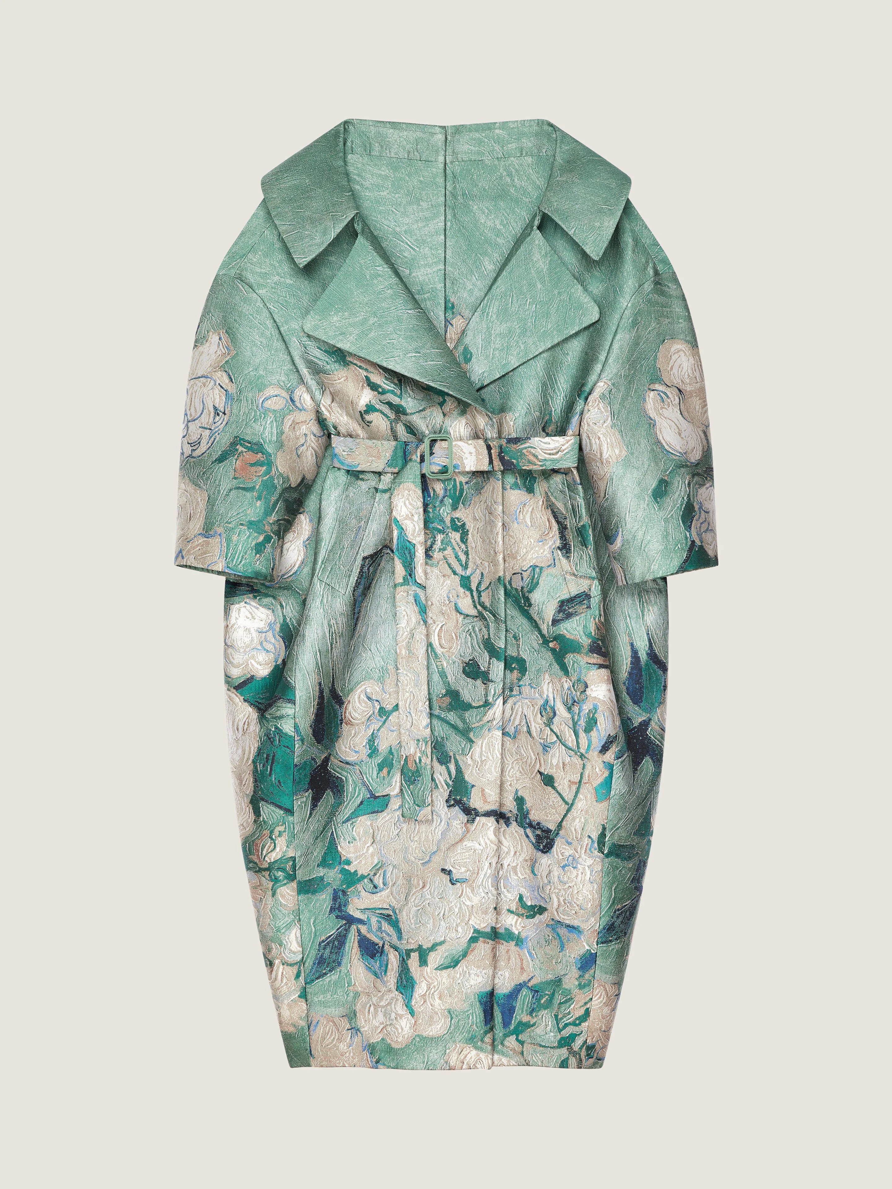 SLASHED LONG COAT IN ROSES JACQUARD - 1