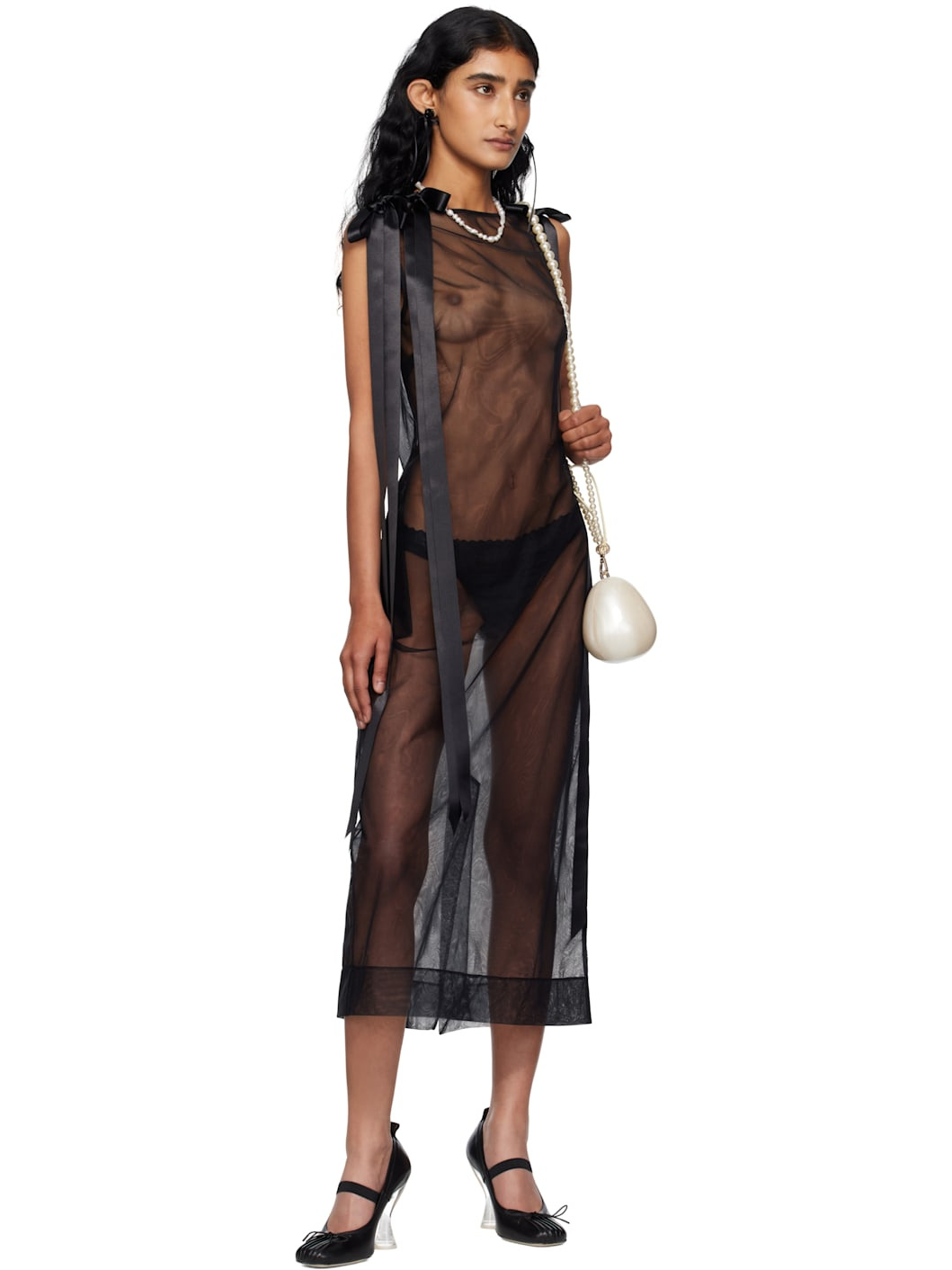 Black Sheer Bow Ribbon Tail Midi Dress - 4