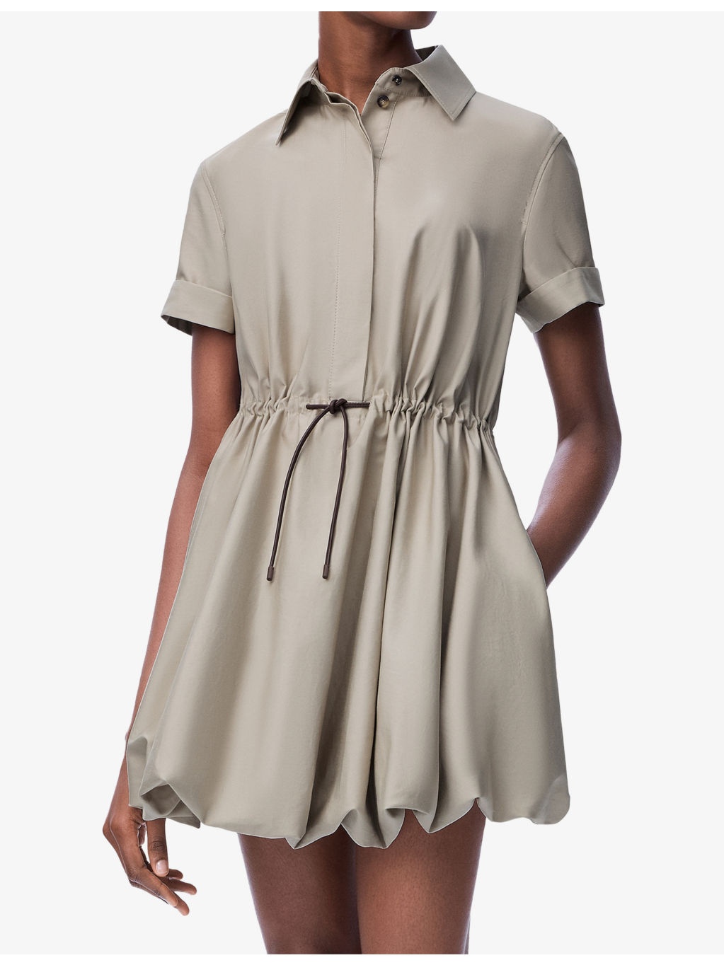 Drawstring-Waist Short-Sleeve Cotton-Silk Woven Mini Dress - 3