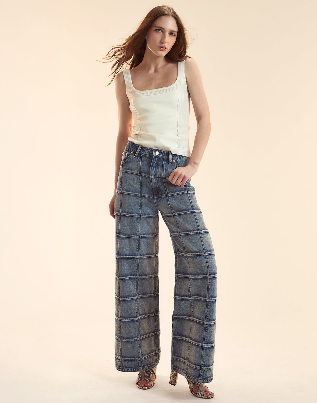 Windowpane Wide-Leg Jeans - 3