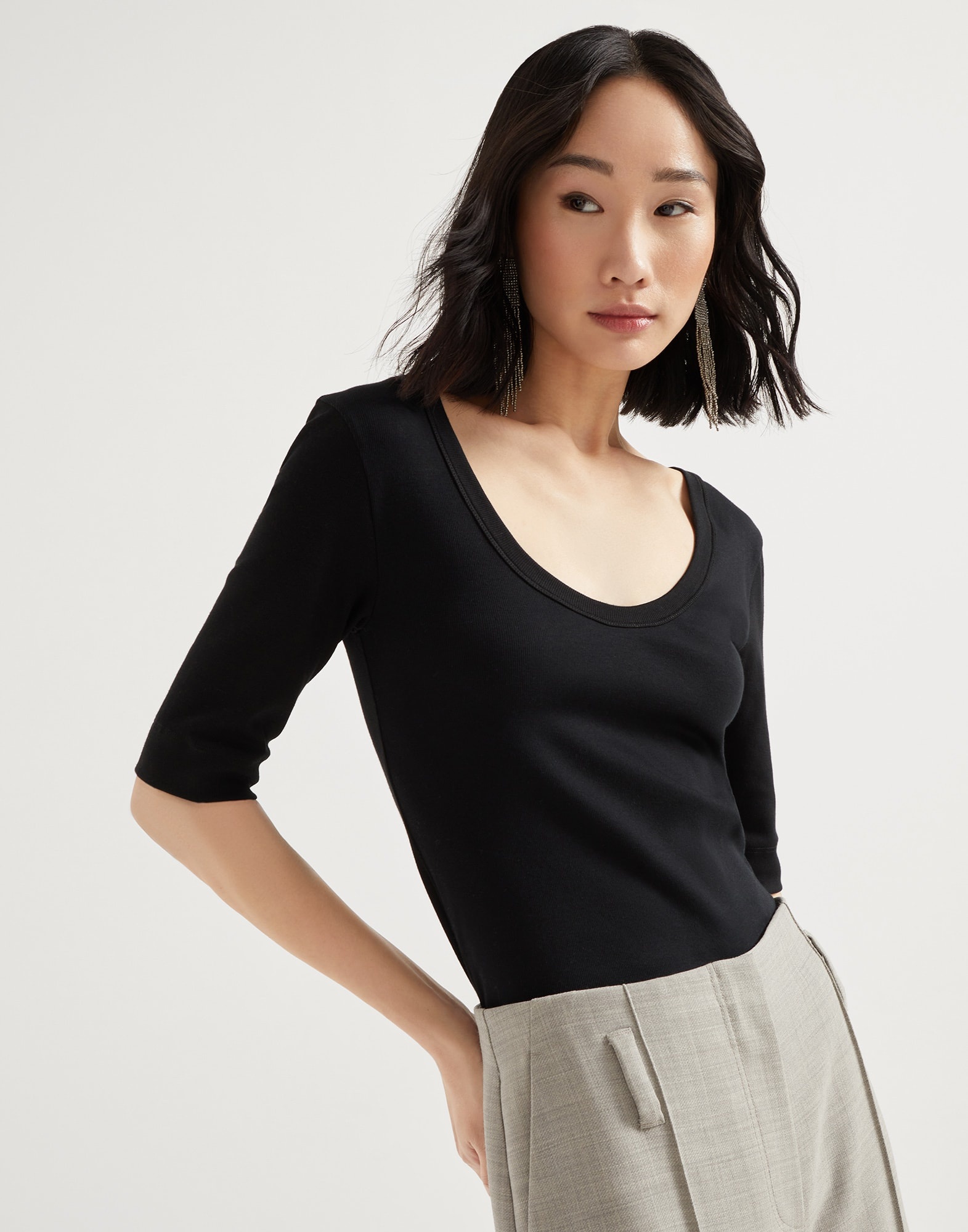 Stretch cotton ribbed jersey T-shirt with monili - 4