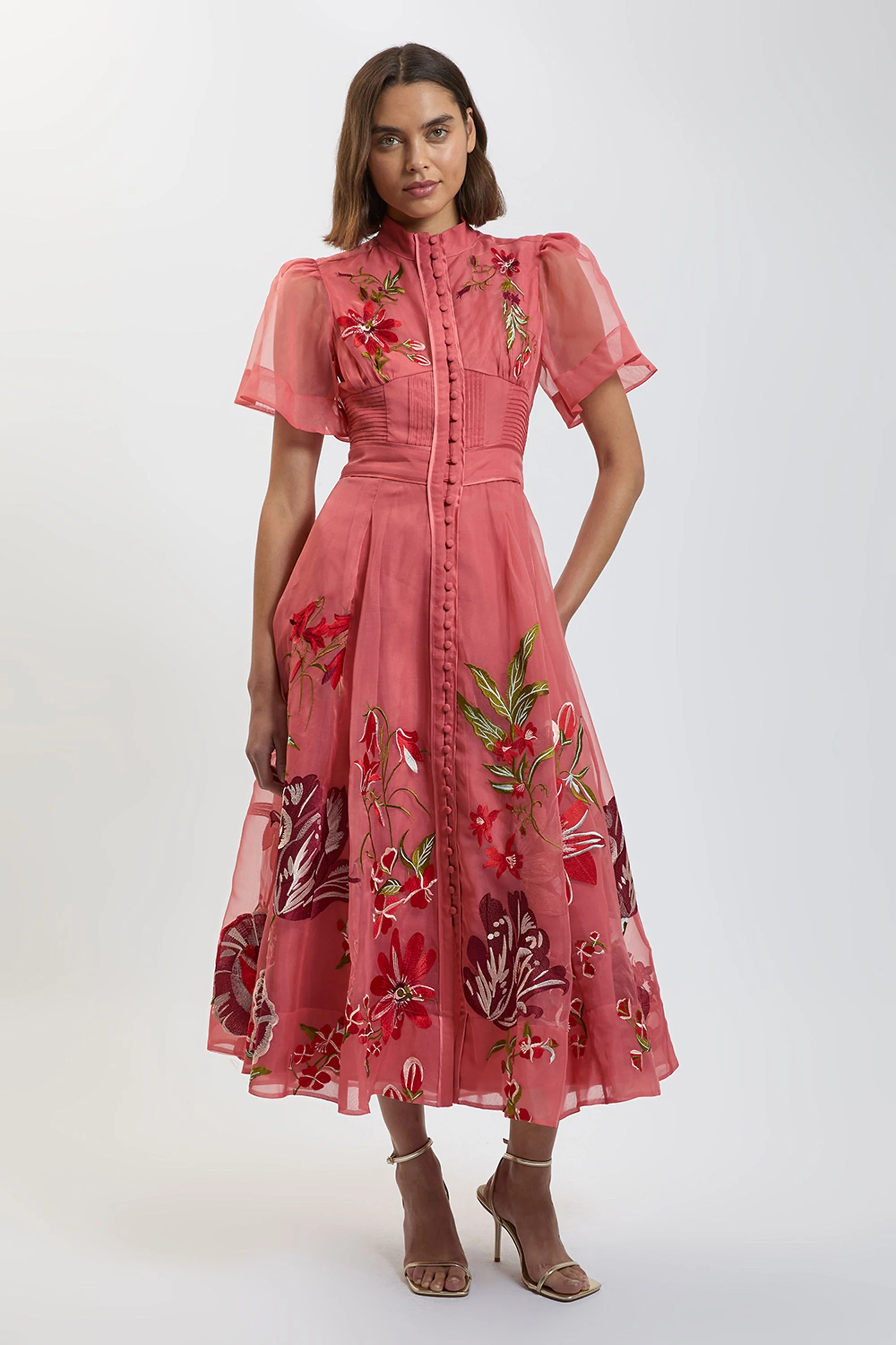 Rose Embroidery Organza Angel Sleeve Midi Dress - 1