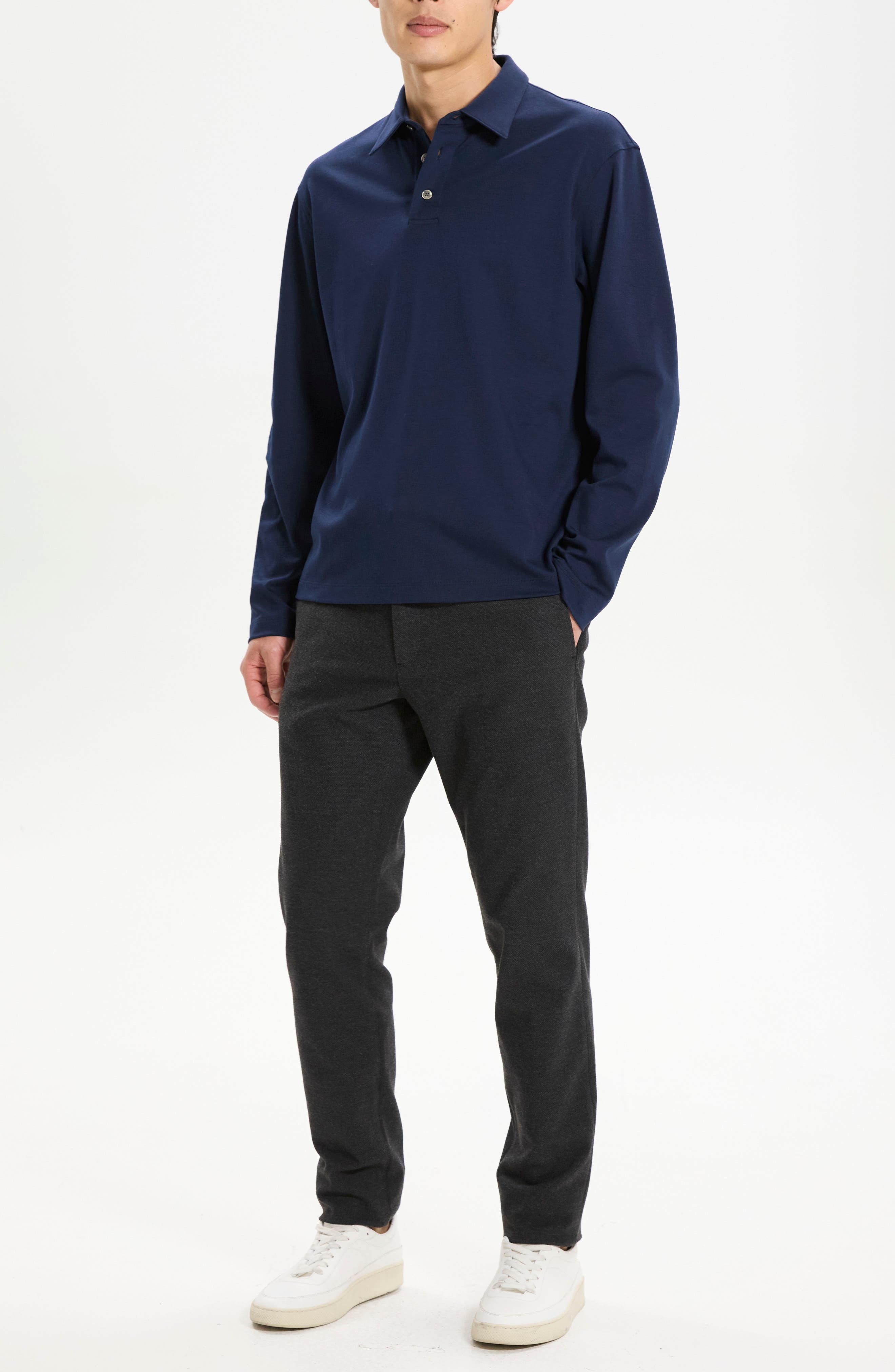 Theory City Relaxed Long Sleeve Cotton Polo in Baltic - 4